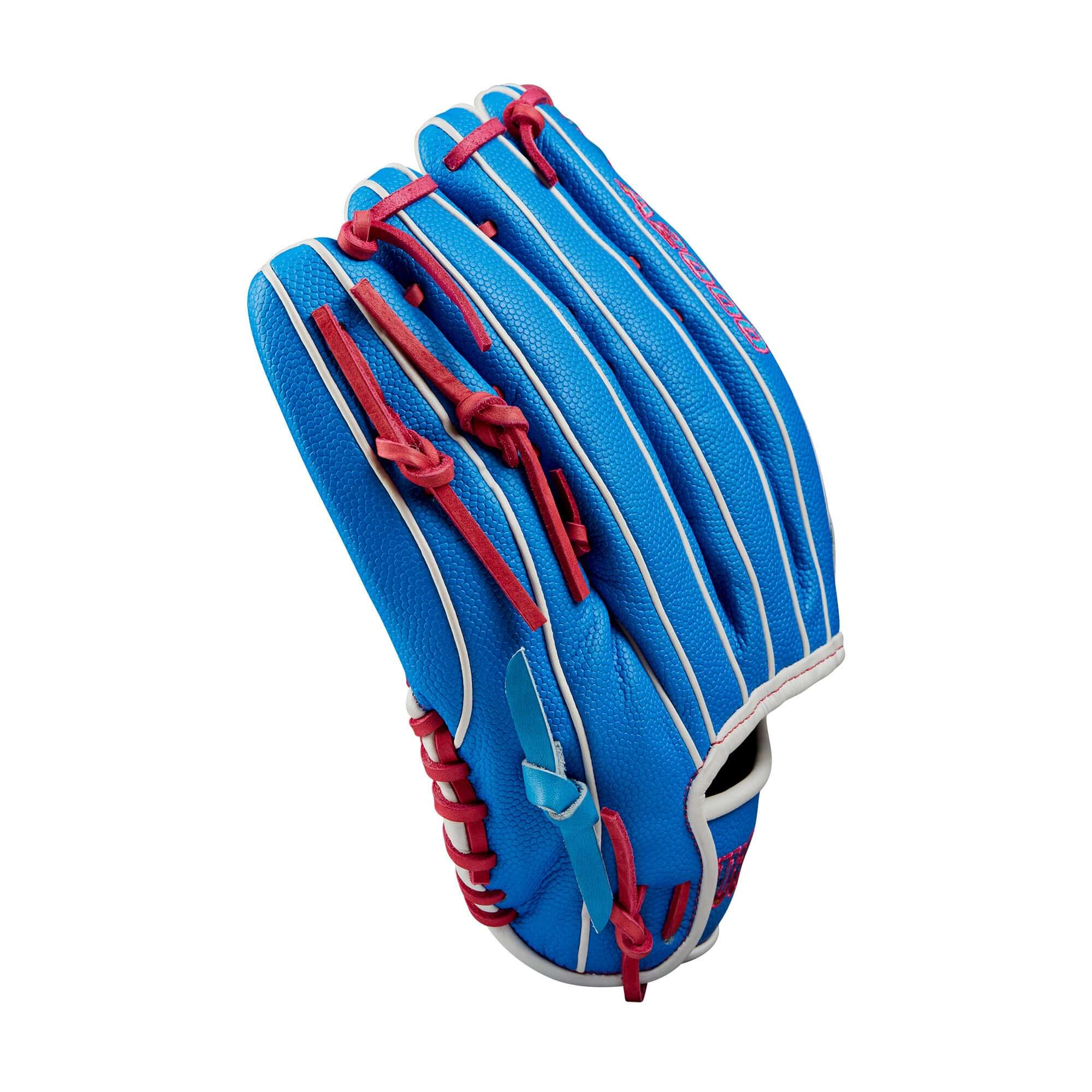 Wilson 2024 Autism Speaks A2000 PF92SS 12.25” outfield baseball glove in blue with pink accents, designed for smaller hands.