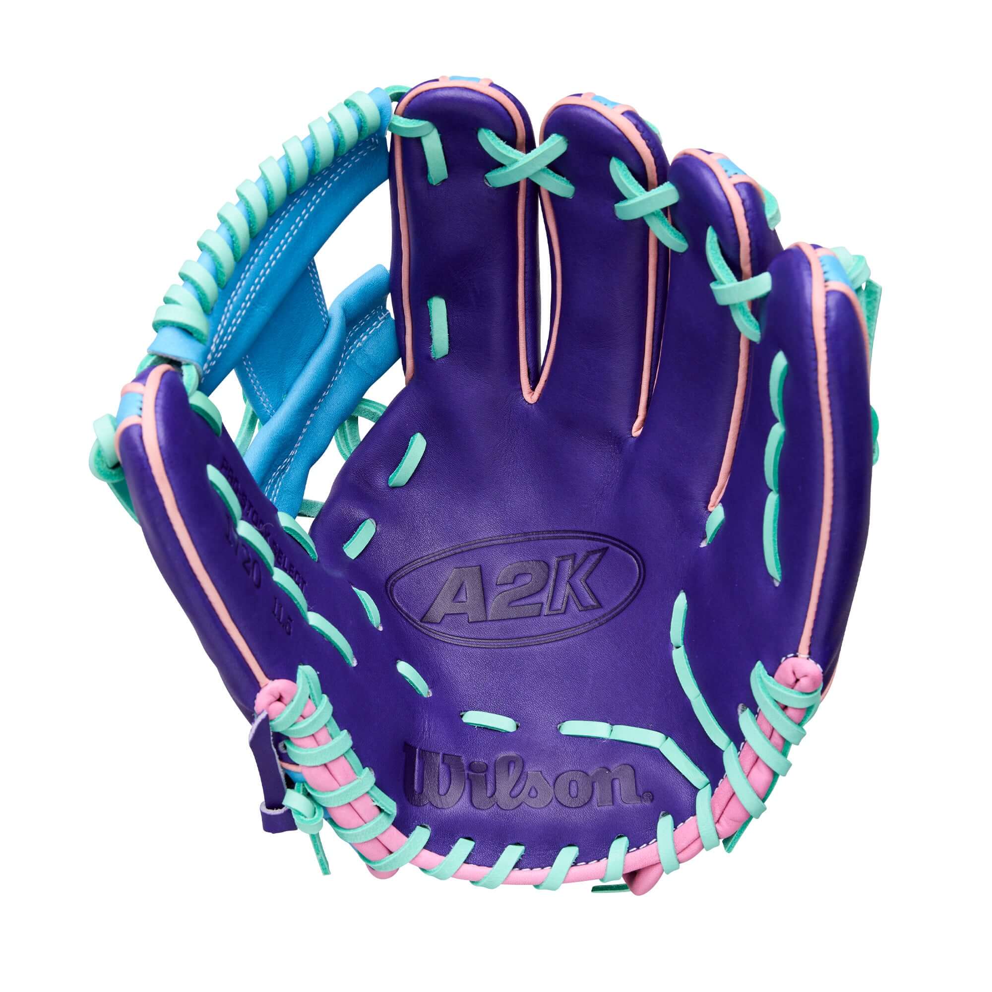 Wilson GOTM Oct 2025 A2K 1720 Glove palm view with pink logo stamp and shallow pocket.