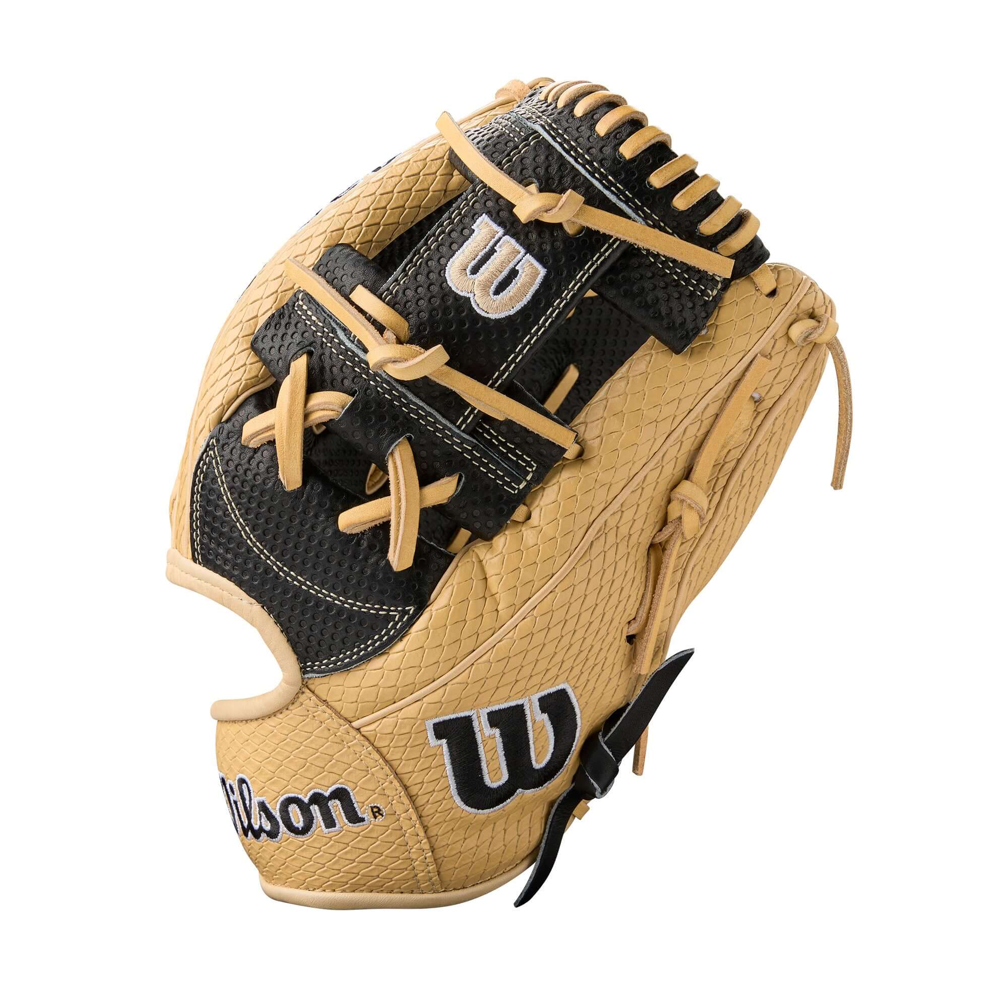 Close-up of left side and thumb with rolled dual welting for enhanced support and glove shape retention
