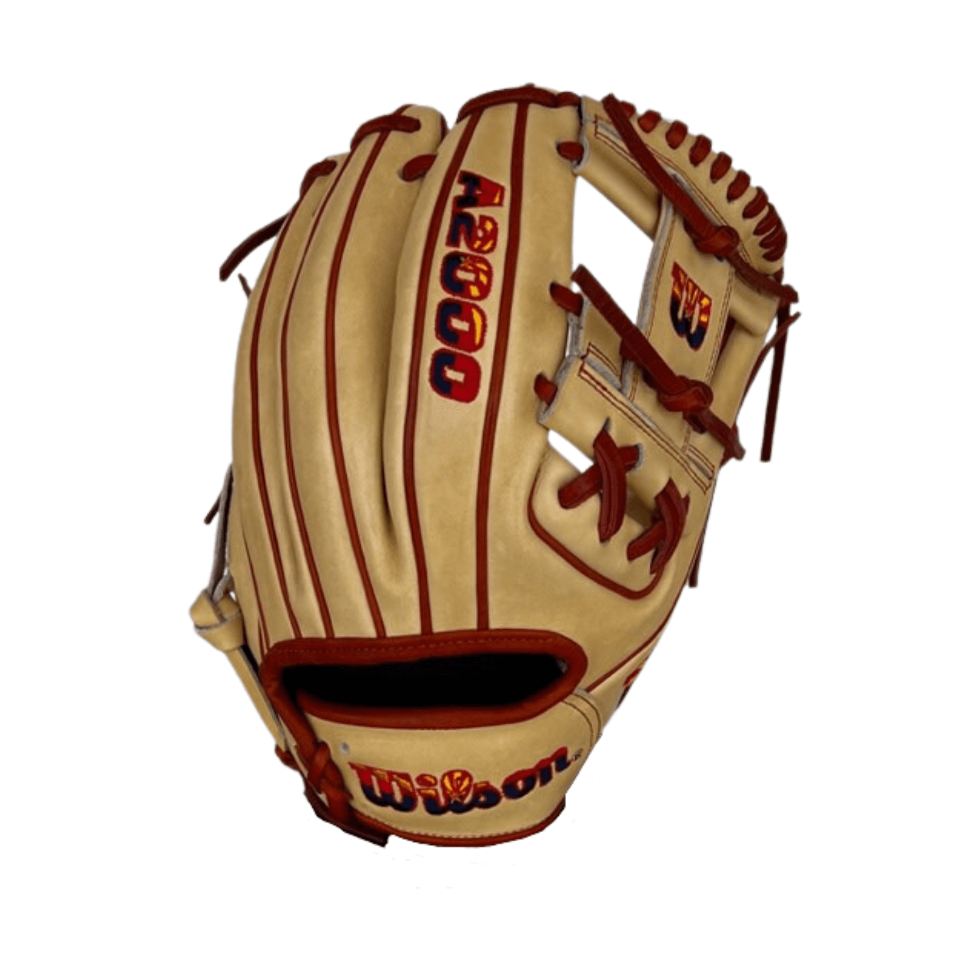 Wilson A2000 AZ Flag Logo 1786 BTL Exclusive baseball glove in Blonde and Saddle Tan leather with red accents.