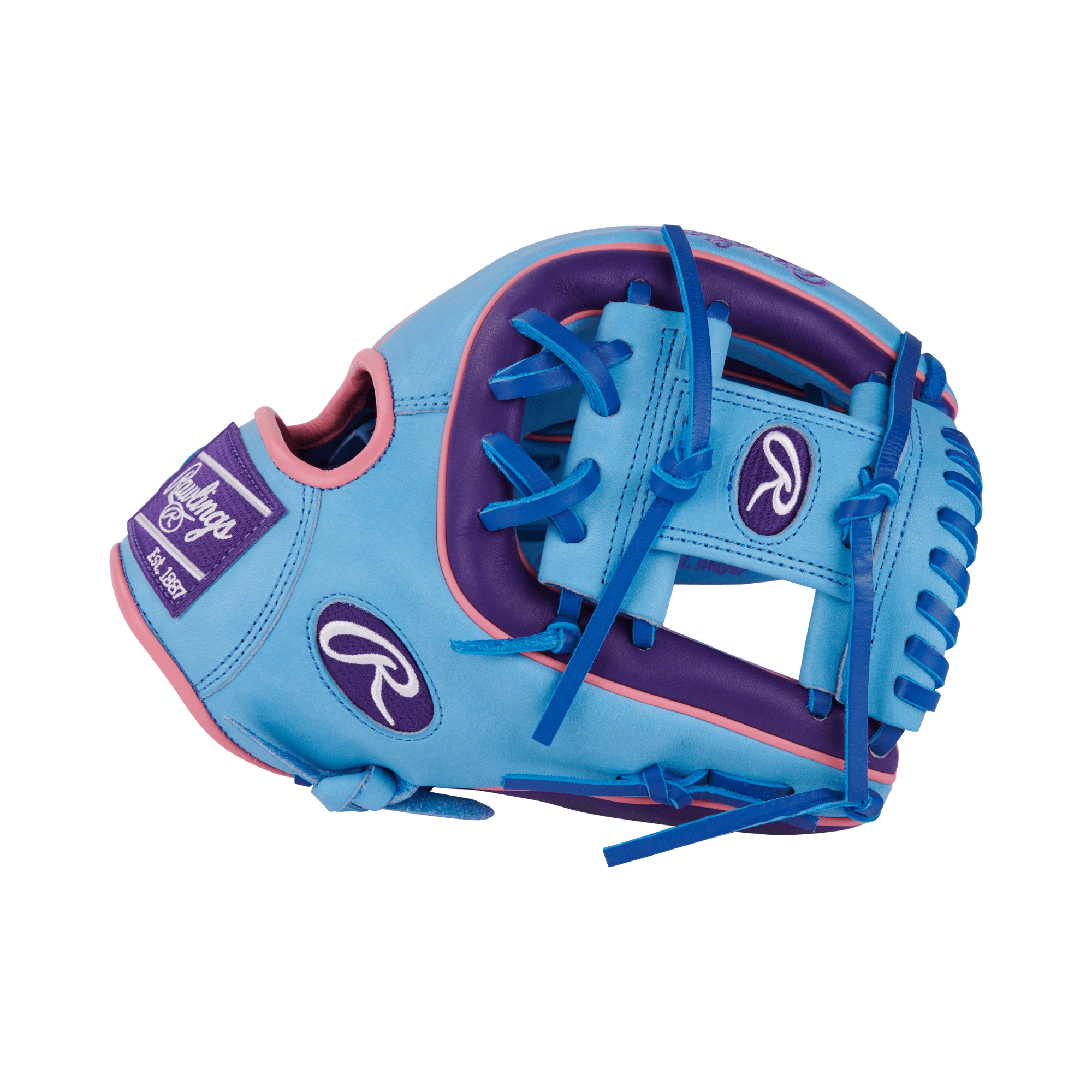 Close-up of the left side and thumb displaying pink accents, purple trim, and cohesive design details.