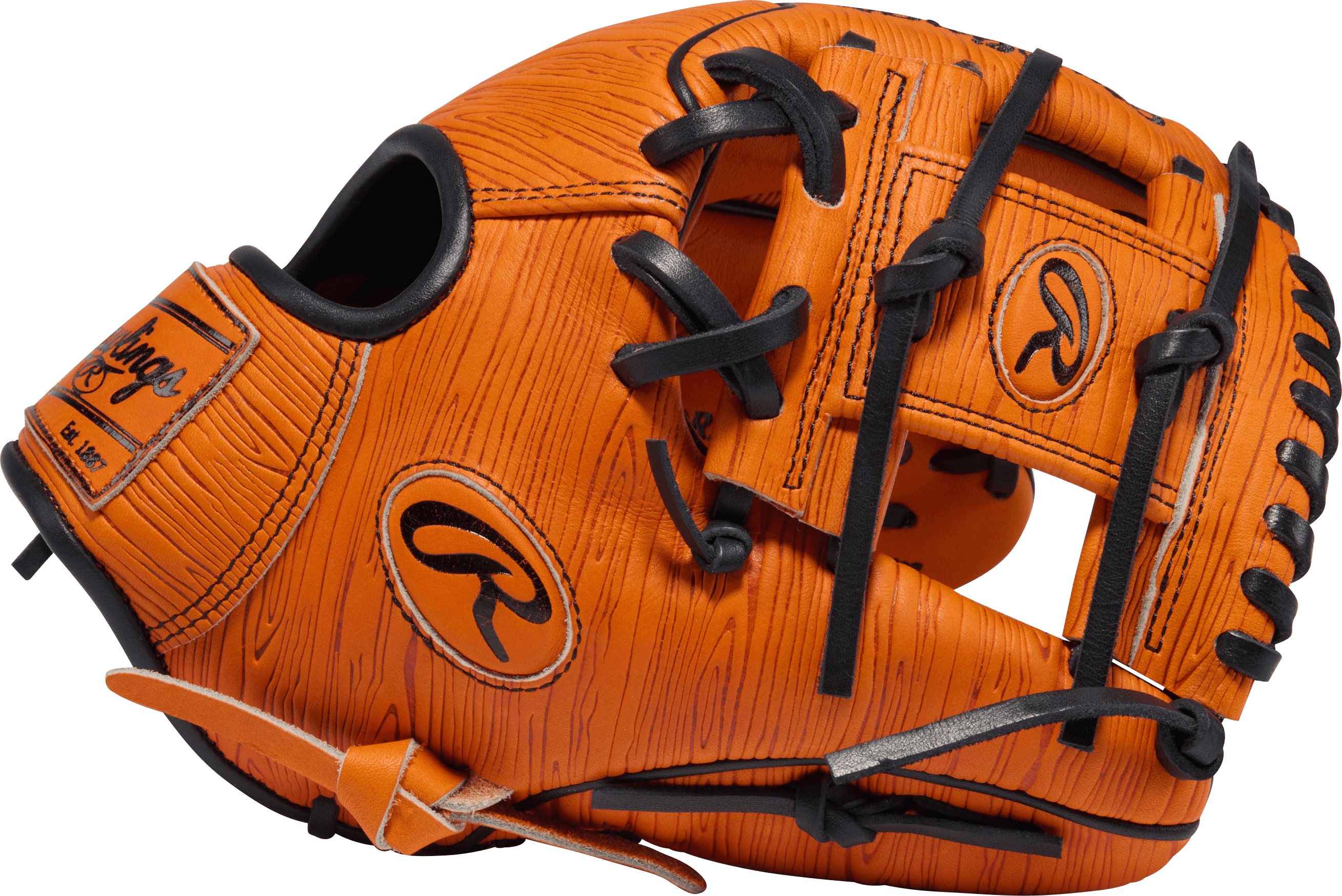 Rawlings March 2026 Gold Glove Club RGGC PROR204W-2OO 11.5" Baseball Glove side view, orange with black lacing and I-web