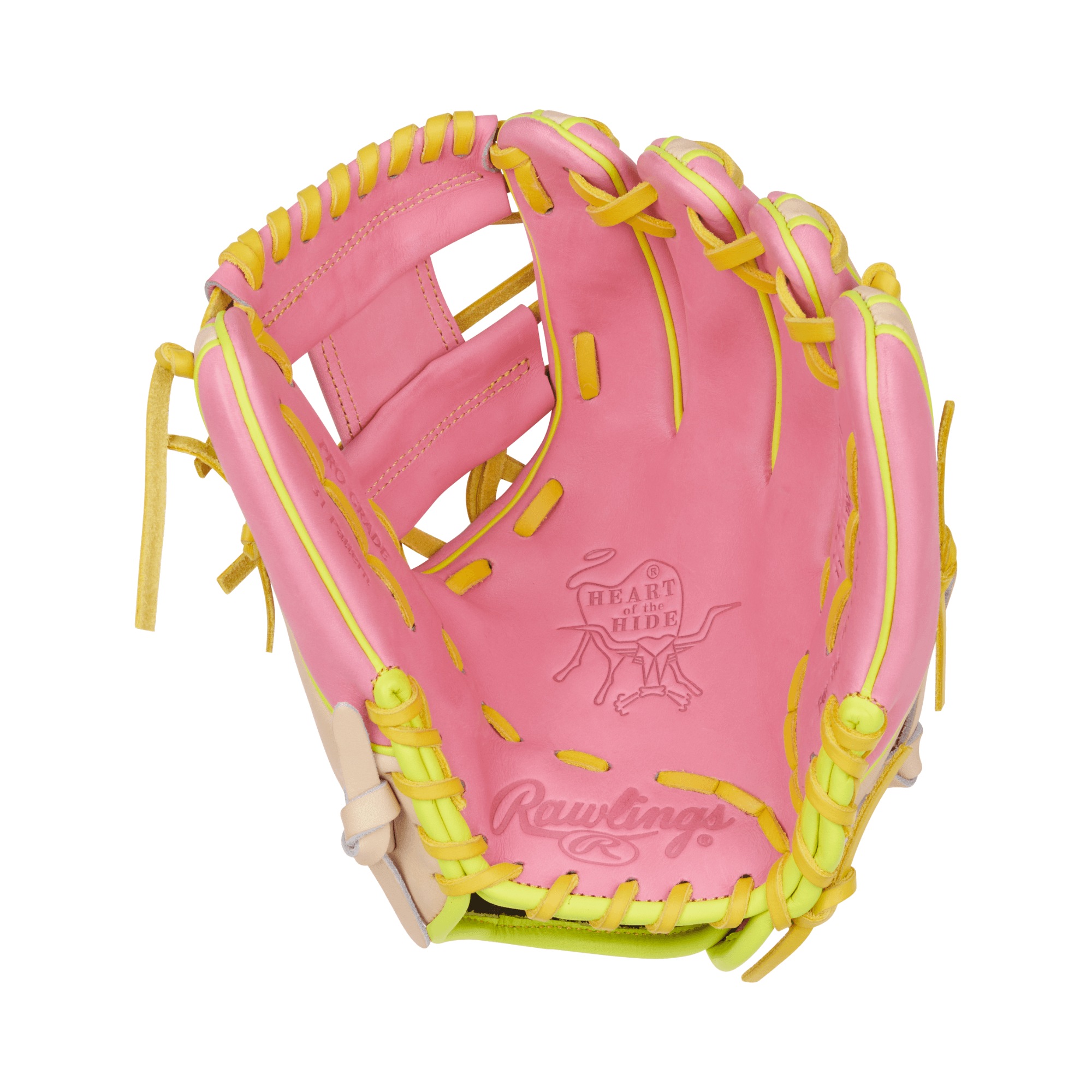 Palm view of the Rawlings 11.25'' Infield Glove showing vibrant pink leather and factory break-in Heart of the Hide quality.