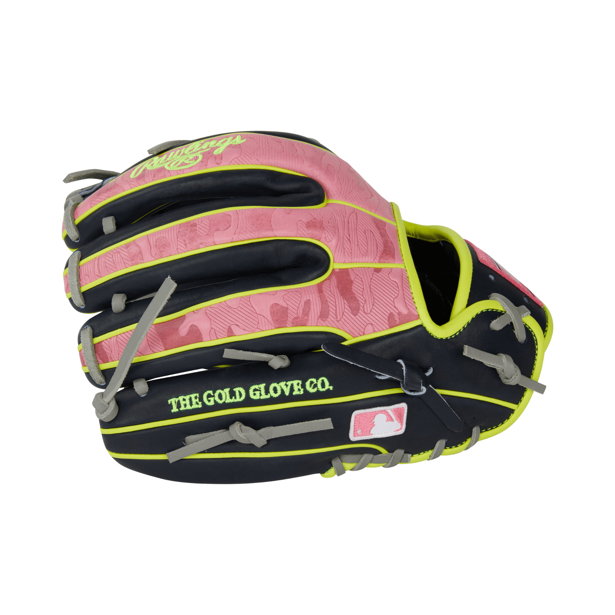 Rawlings November 2024 Gold Glove Club PRO315-2NPY glove with pink camo pattern and yellow accents on a white background.