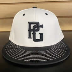Perfect Game fitted flat bill cap in white and black with PG logo, stylish design for athletes and casual wear.