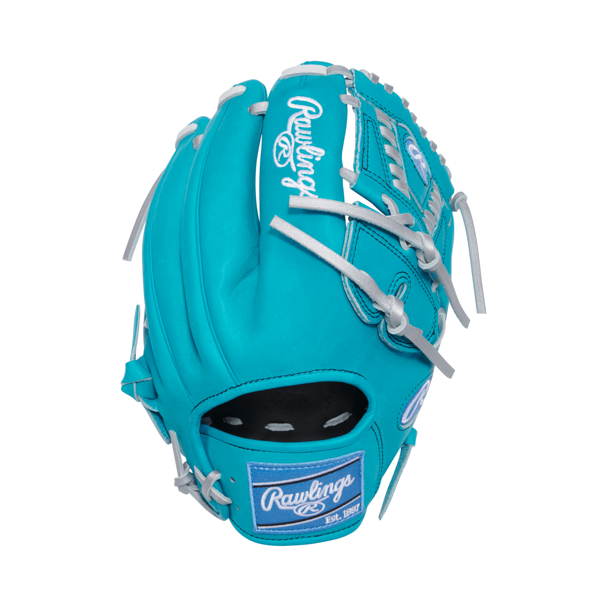 Rawlings Heart of The Hide Pitcher Baseball Glove 11.75" Teal/Silver LHT with laced web and cowhide lining.