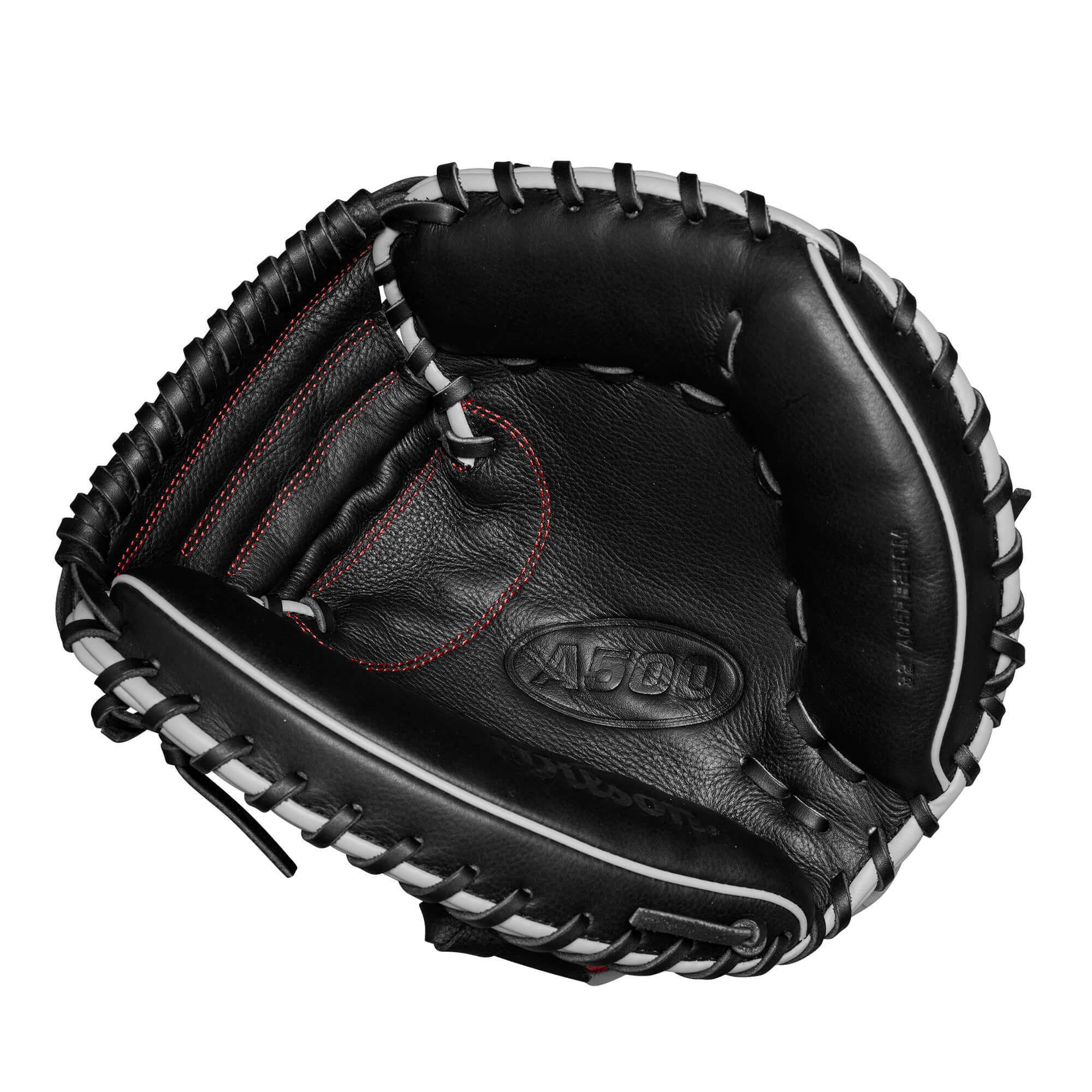 Close-up of the palm side of the Wilson A500 CM32 Mitt highlighting the Moon Web and soft, durable Top Grain leather.