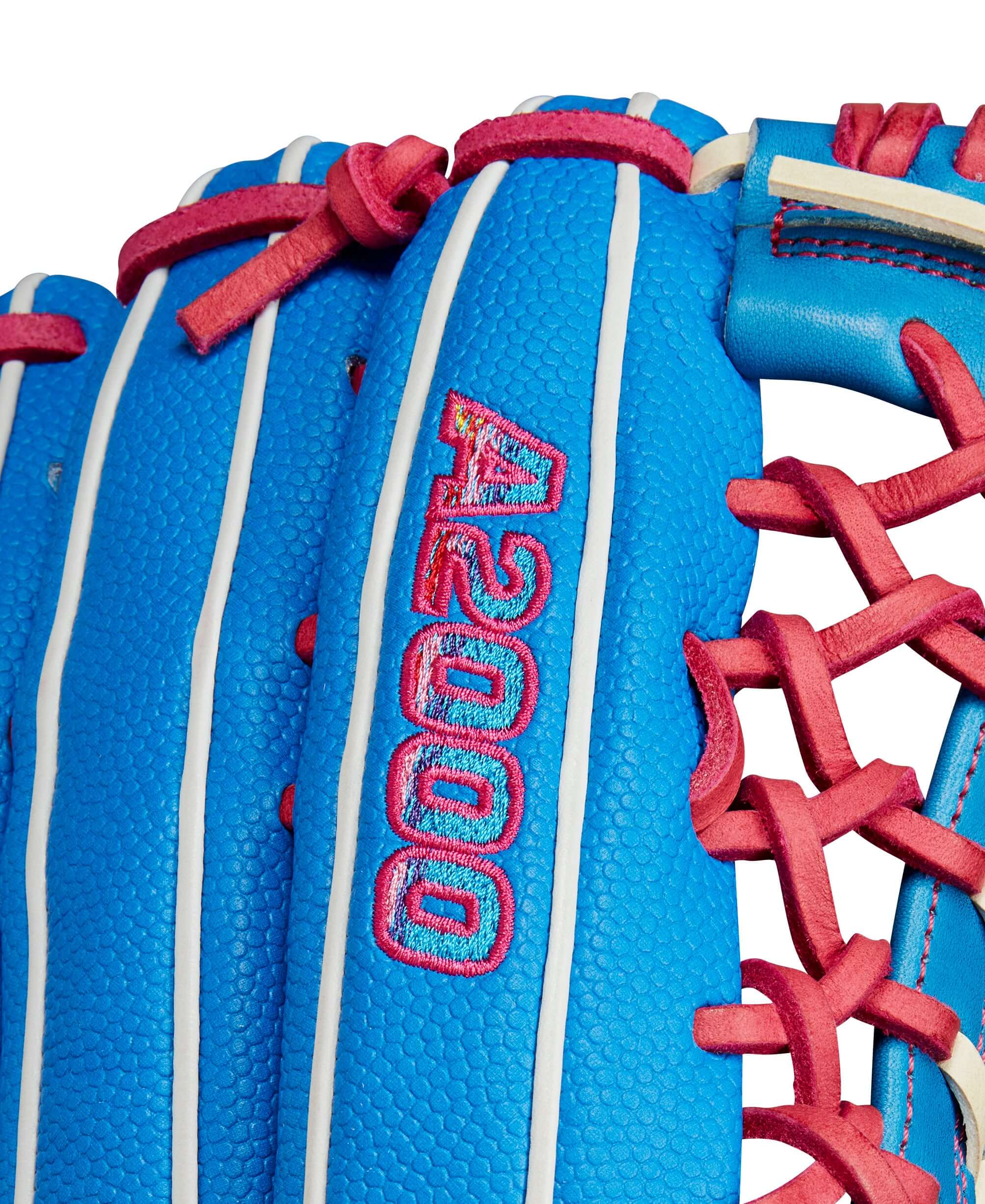 Close-up of Wilson A2000 PF92SS baseball glove detailing in blue and pink, showcasing Autism Speaks design elements.