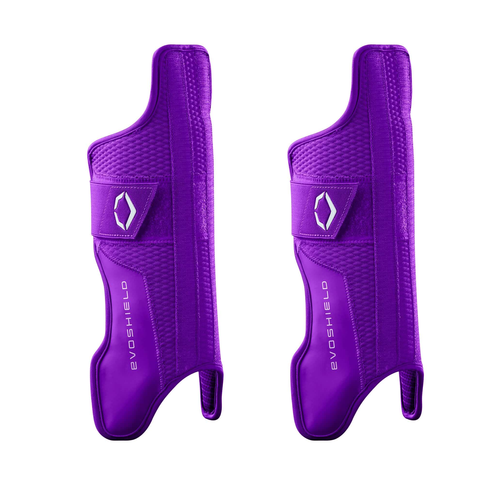 Evoshield Pro-SRZ 2.0 Catcher's Lower Leg Guards in purple, providing custom protection for shins and ankles.