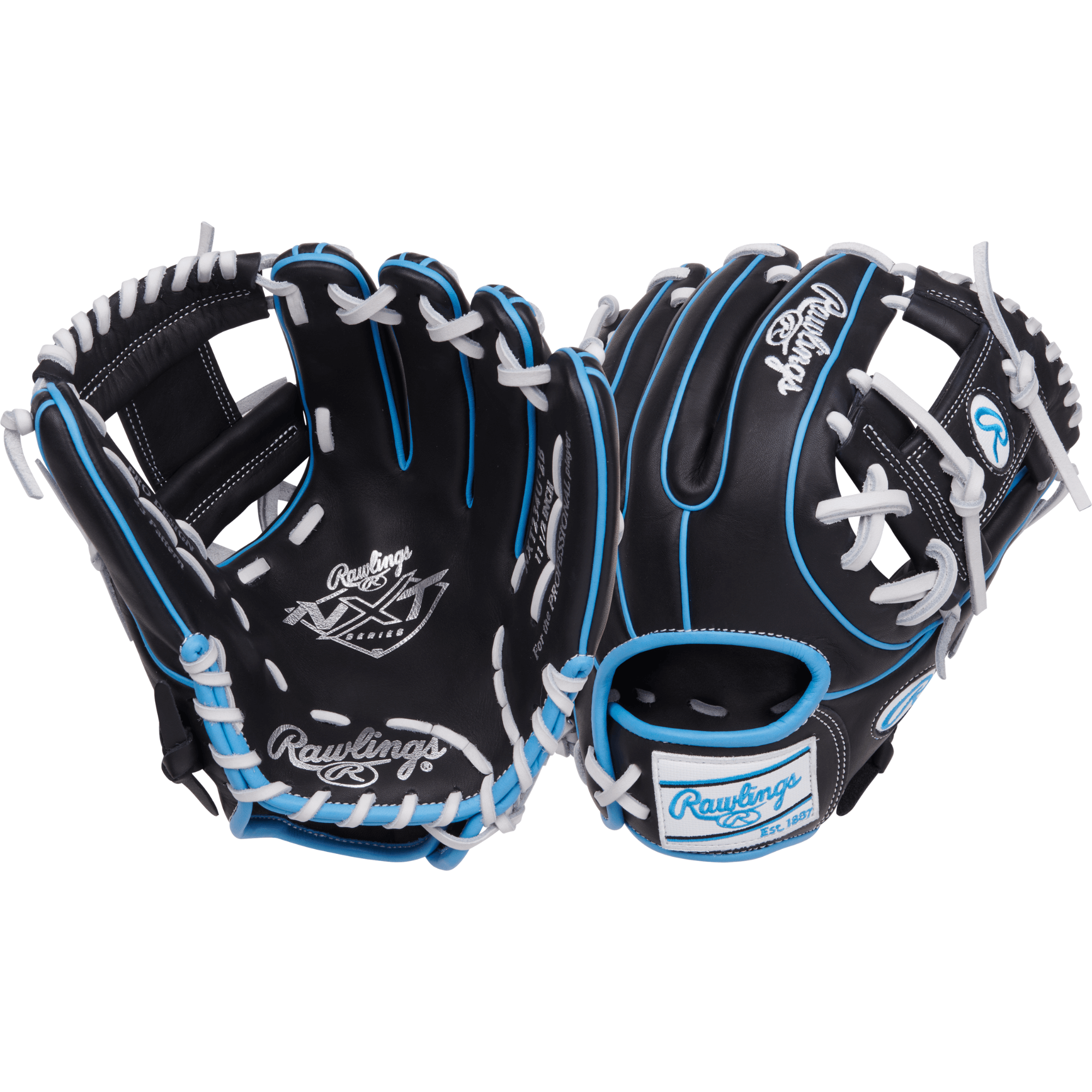 Rawlings NXT Series Contour 11.75-inch infield glove with black and blue design, featuring Pro-H web for improved ball control.