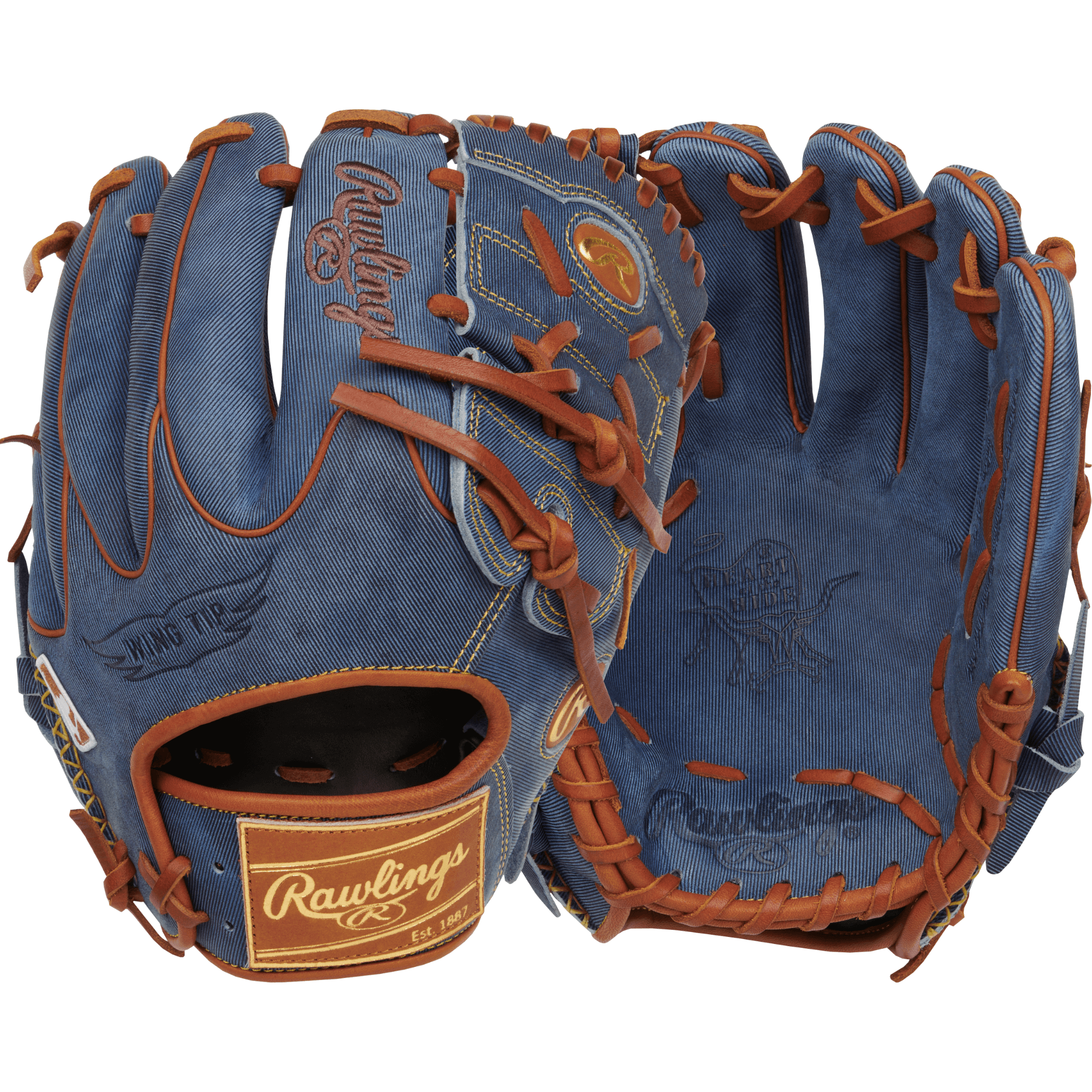 Rawlings Heart of the Hide Pro Label Denim Edition Pitcher Glove 11.75" RHT with denim finish and brown stitching.