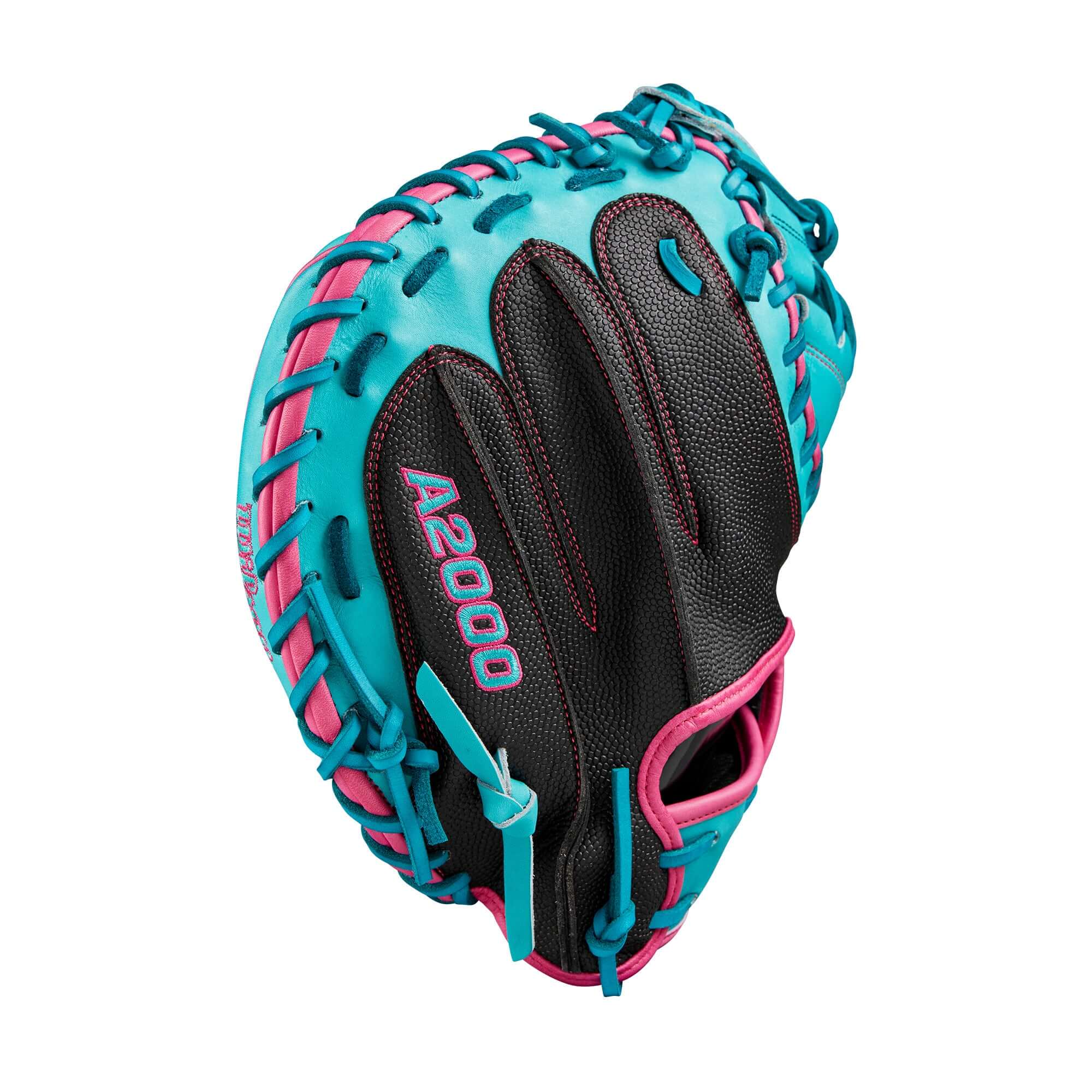 Wilson A2000 CM33 Baseball Catcher's Mitt in black and teal, featuring a 33-inch design and Half Moon Web for optimal control.