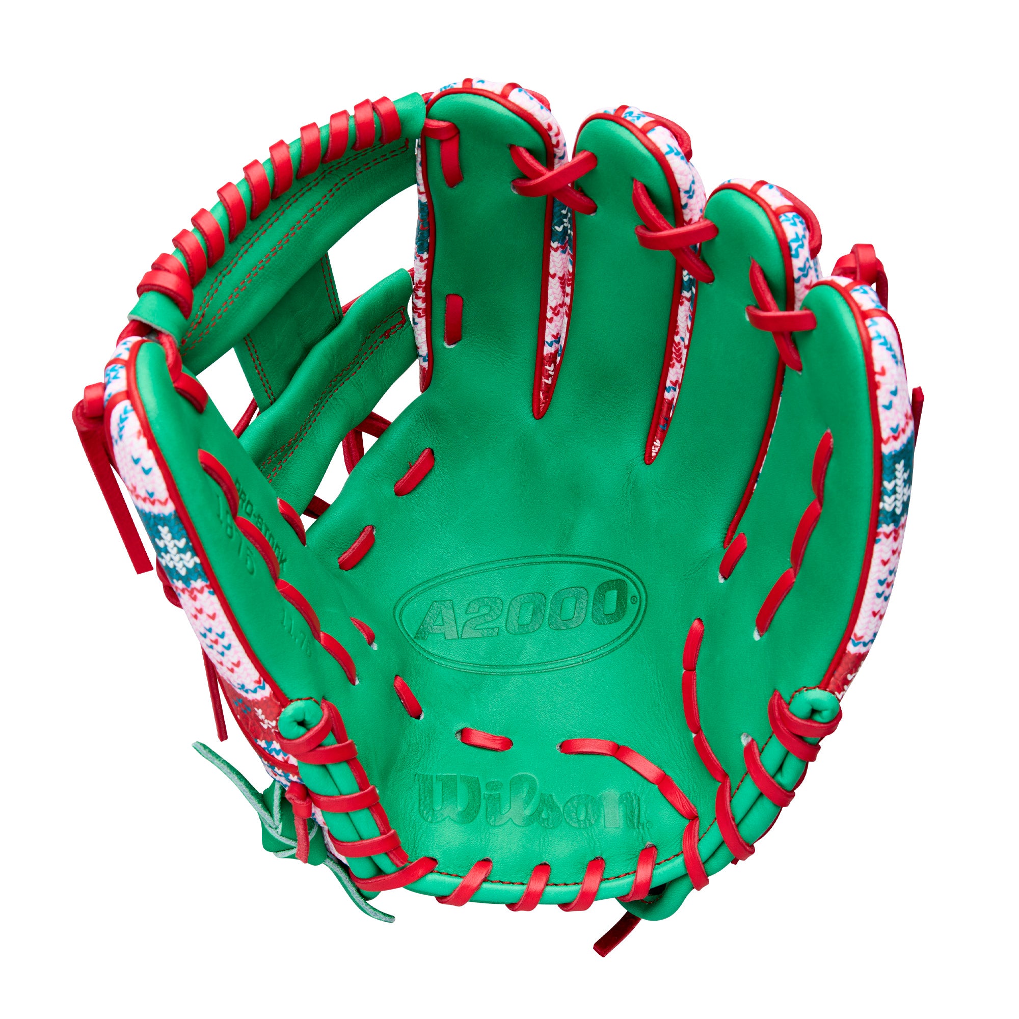Palm view of Wilson Glove of the Month (GOTM) December 2025 A2000 1975 Christmas 11.75" Baseball Glove showing green leather with A2000 embossing and red stitching.