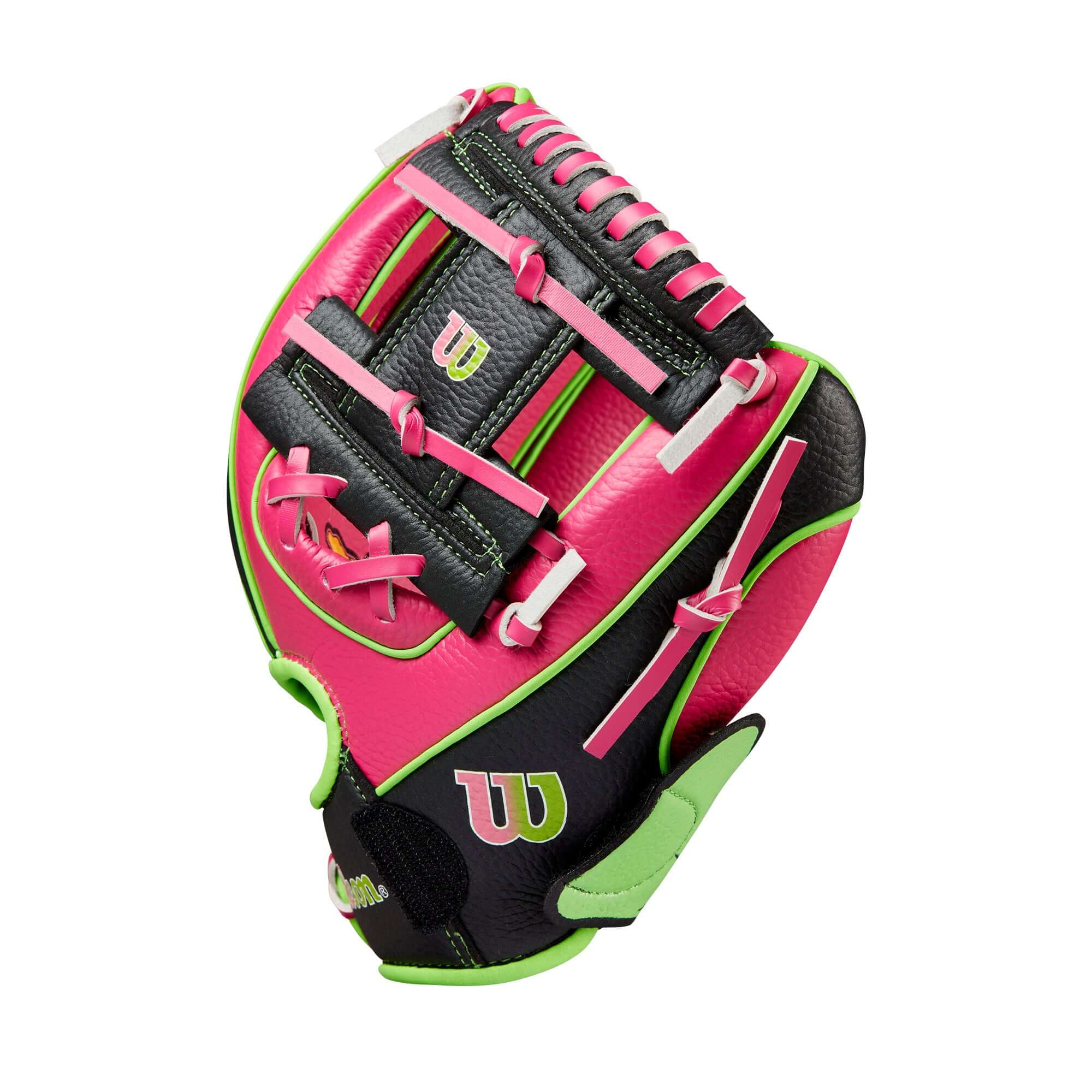 Wilson 2024 A200 Party Animals EZ Catch 10" glove in black and flamingo colors, designed for effortless catching.