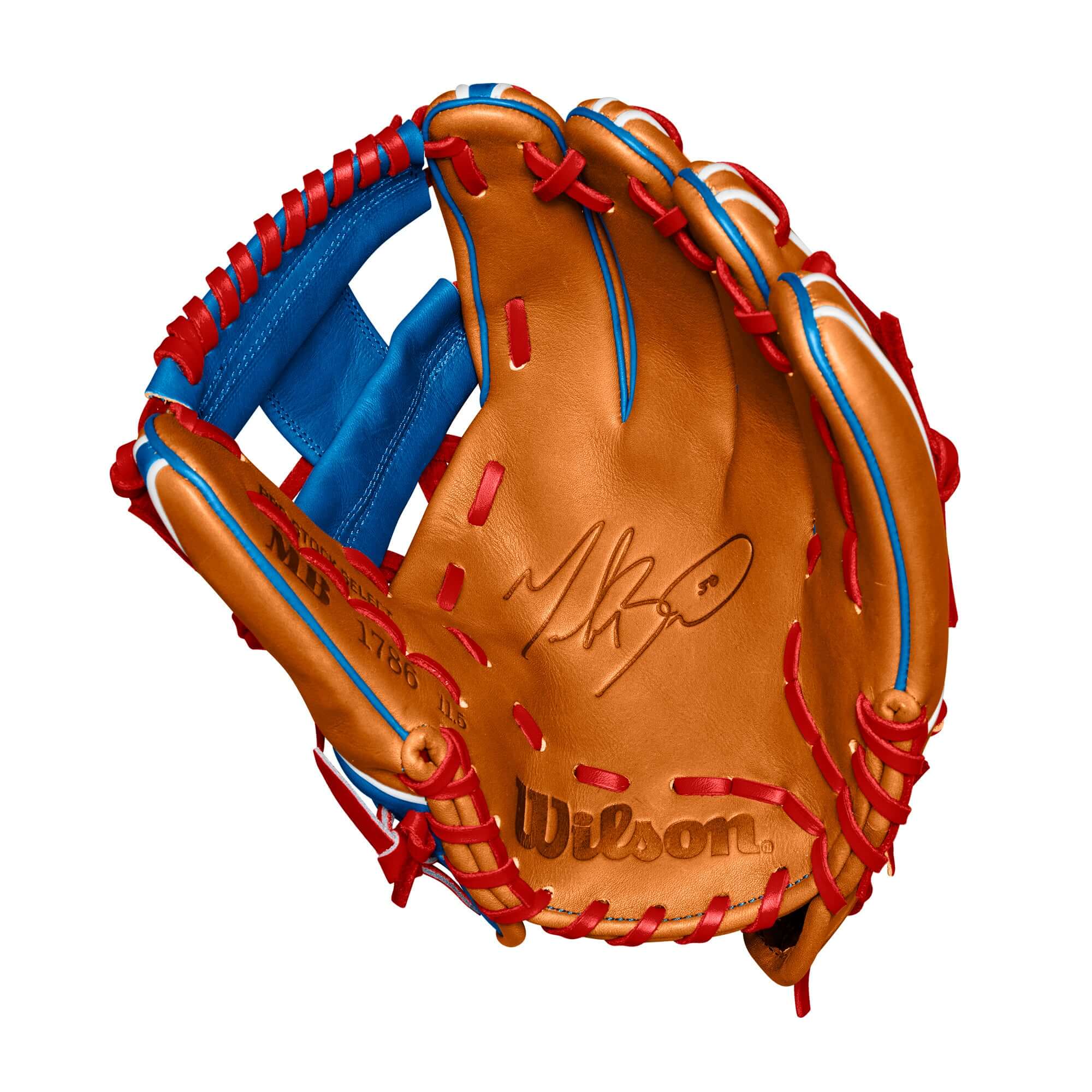 Wilson Fall 2024 Mookie Betts A2K 1786 infield baseball glove with Saddle Tan and Royal leather, 11.5 inches.