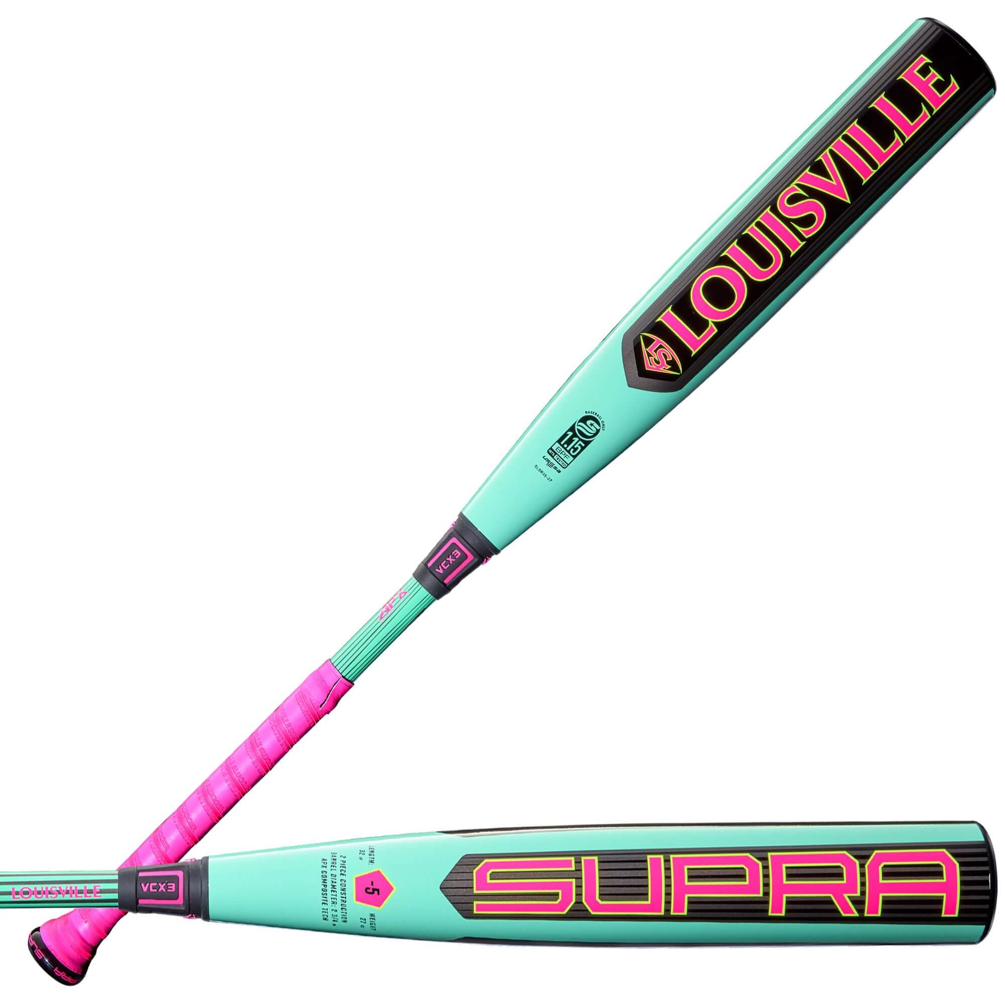 2026 Louisville Slugger Supra™ (-5) USSSA baseball bat, featuring a teal and pink design, 2 ¾ inch barrel profile.