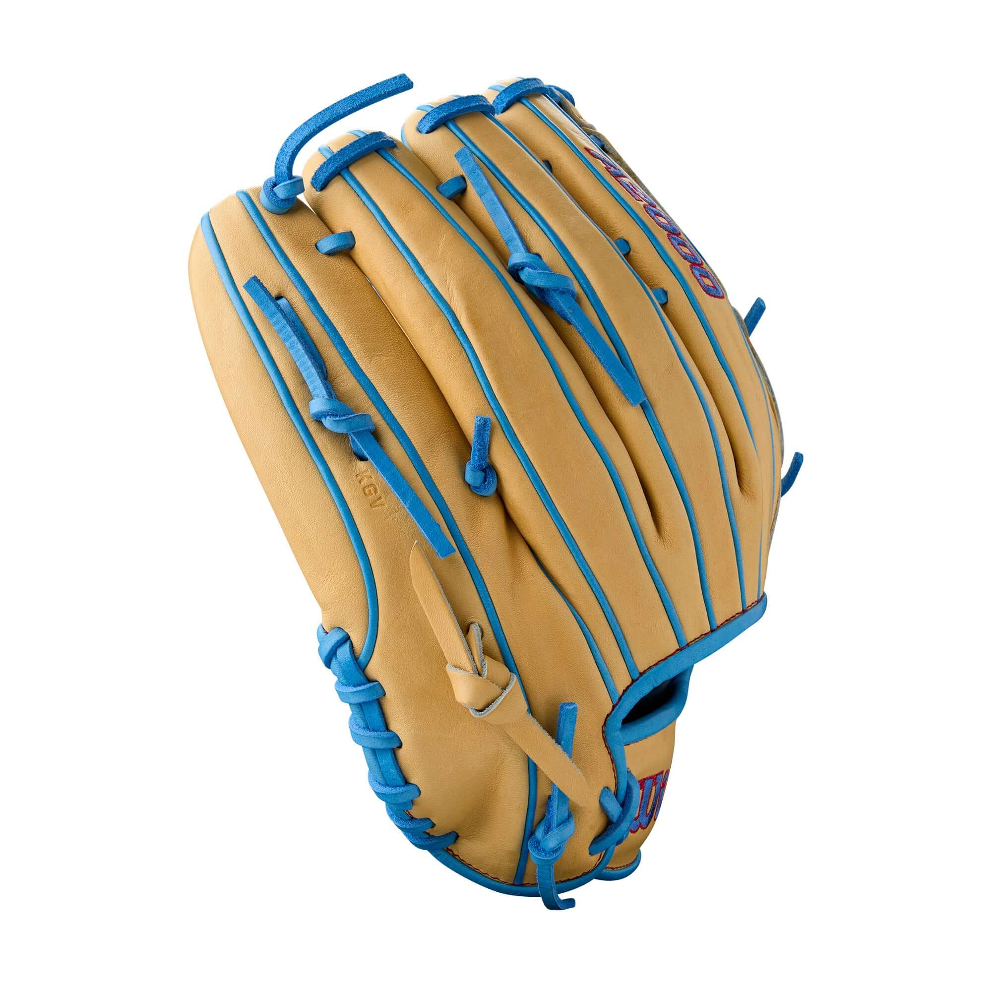 Wilson A2000 B125 Pitcher's Baseball Glove in Blonde with Sky Blue and Red accents, 12.5", LHT design.
