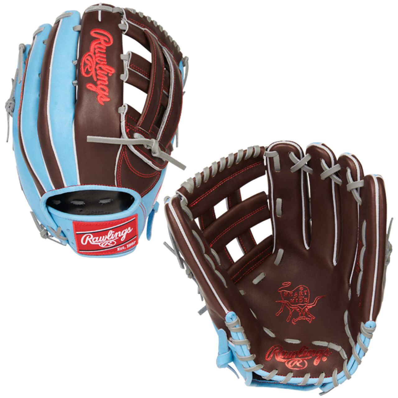 Rawlings Heart of the Hide 12.75-inch outfield glove in brown and blue with pro-grade leather and unique design features.