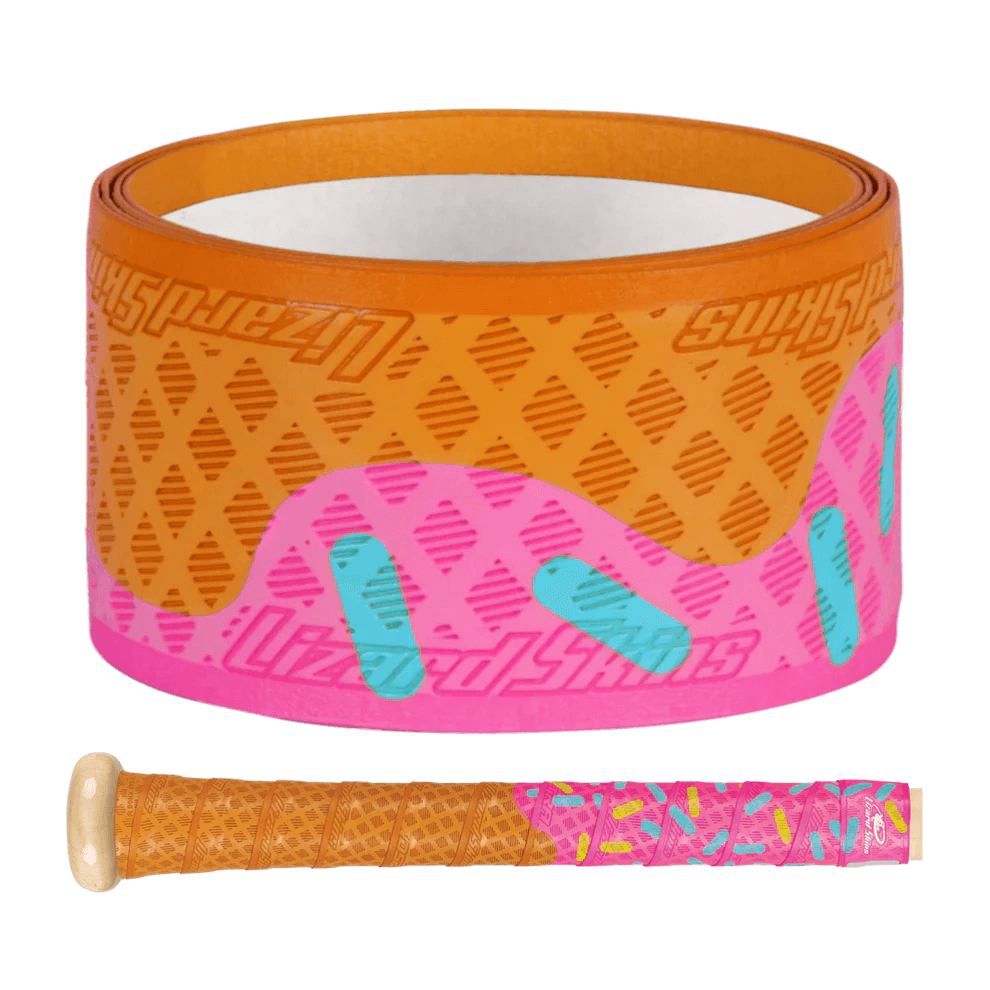 Lizard Skins DSP Ultra Bat Grip - 0.5 mm in orange, pink, and blue with oval pattern and multi-directional ridges on bat handle