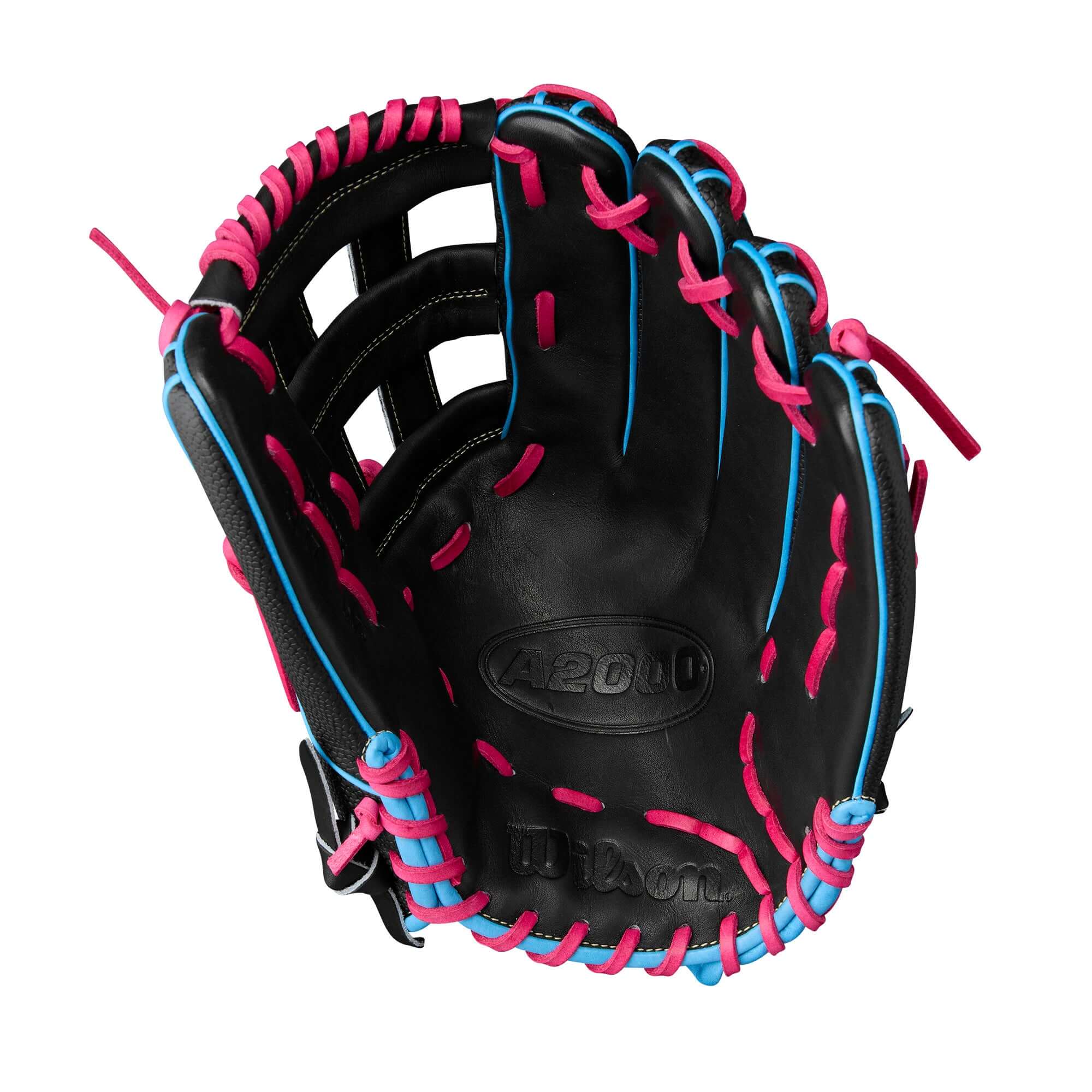 Wilson A2000 1777SS outfield baseball glove with pink and blue accents, 12.75" for optimal performance.