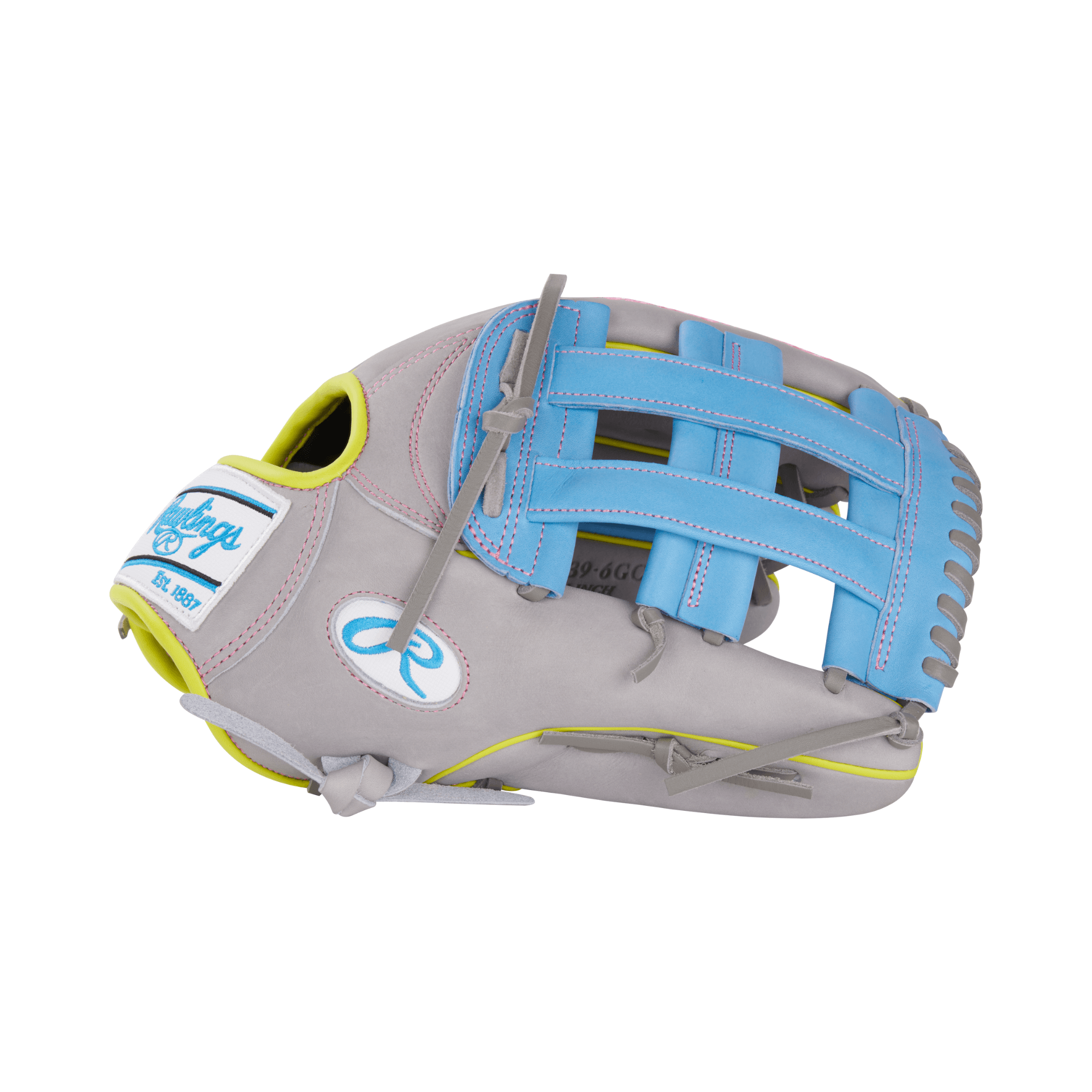 Rawlings February 2024 Gold Glove Club RGGC outfield glove in gray, blue, and yellow, featuring a Pro H web and deep pocket design.