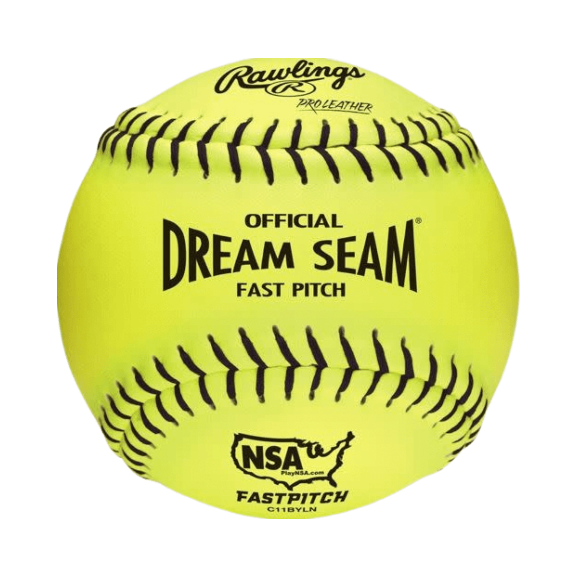 Rawlings Dream Seam 11in Softballs with high-density cork core, black stitch, and NSA league approved.