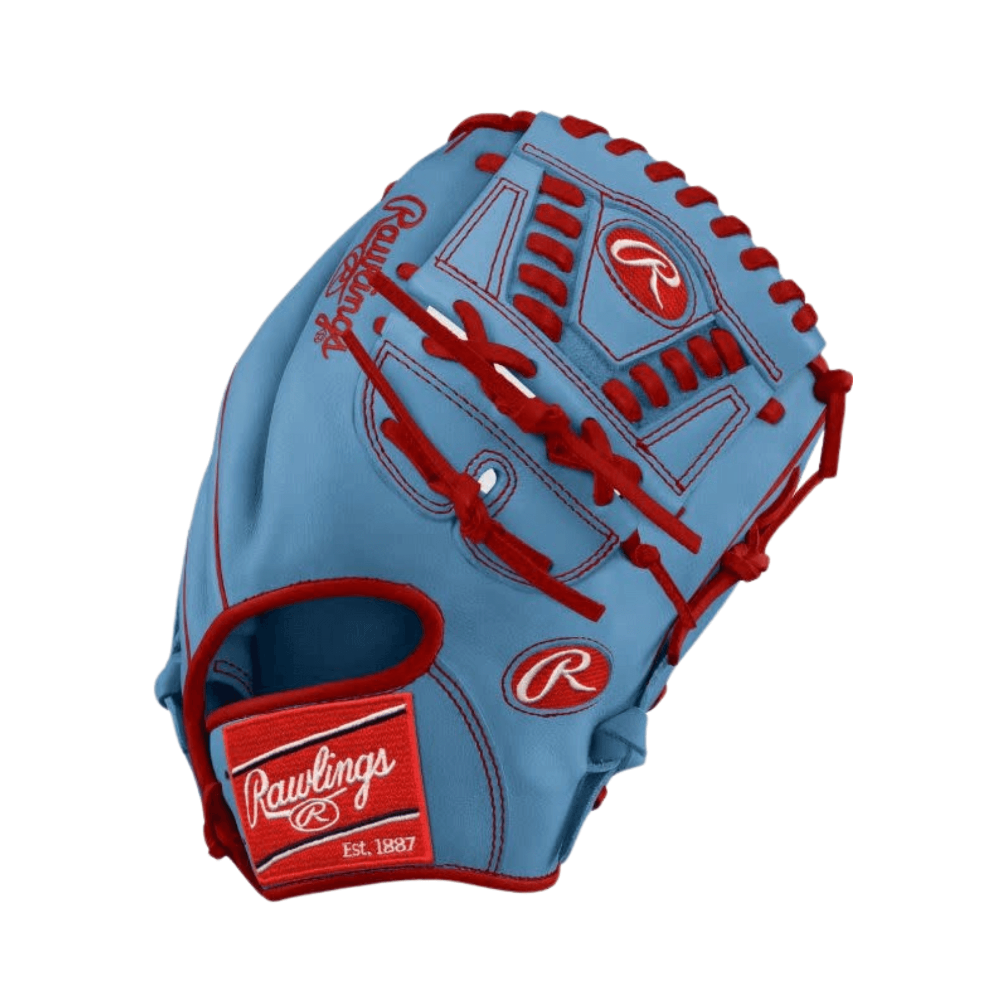 Rawlings Heart of the Hide Custom Pro206 12-inch glove in sky blue and red
