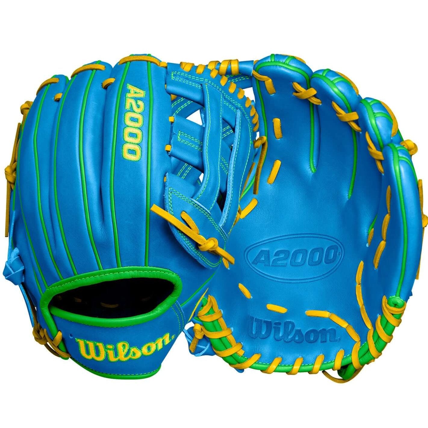 Wilson A2000 PP05 Sky Blue/Opt 11.5" baseball glove featuring vibrant colors and high-quality leather design.