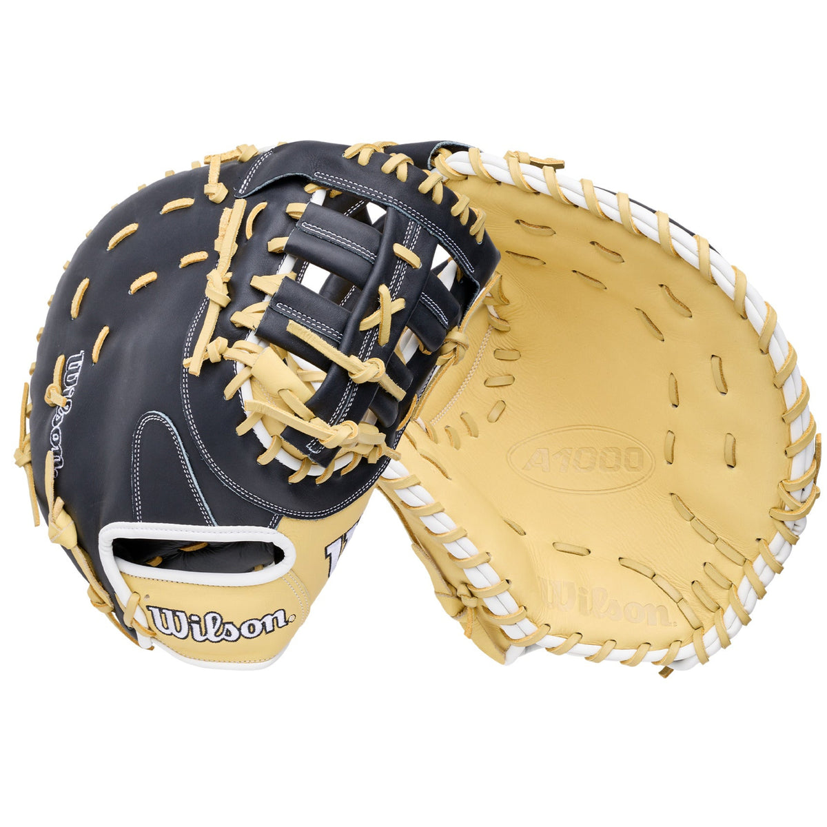 Wilson 2027 A1000 PF1612 12 First Base Mitt LHT with black and tan leather design for left-handed throwers.