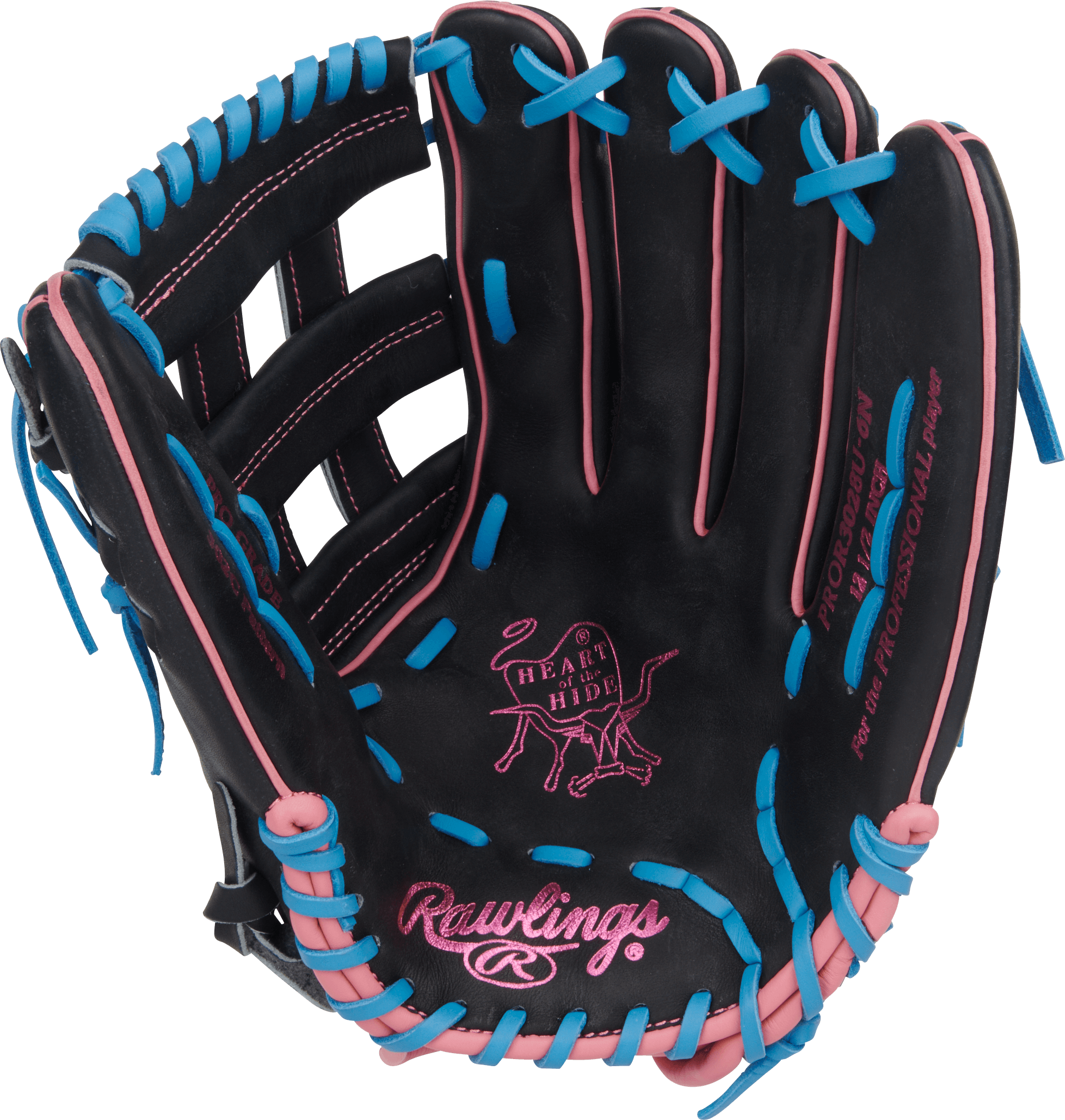 Rawlings Heart Of The Hide Series Contour Fit 12.5-inch glove, black with Columbia Blue and pink lacing, palm view.
