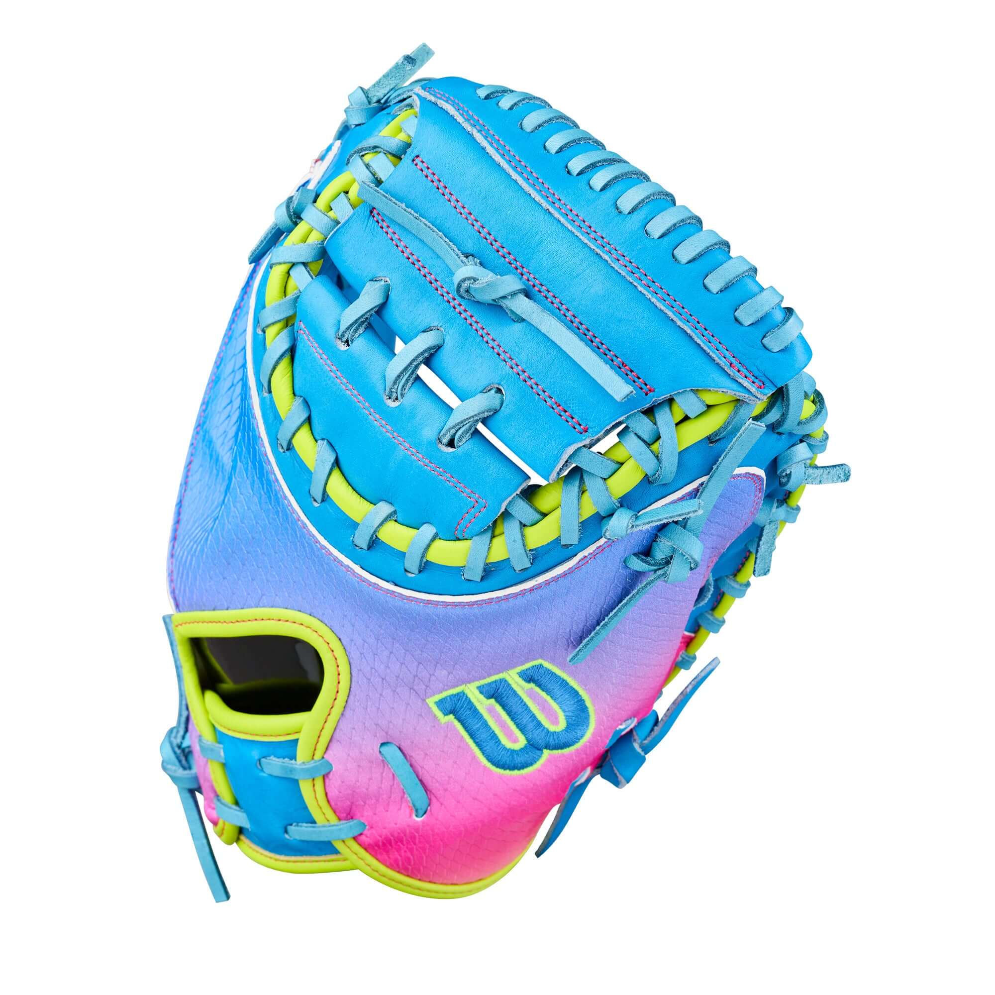 Colorful Wilson 2026 A2000 Catcher's Mitt for baseball, Love the Moment CM33SS model, with blue and pink design, size 33 inches