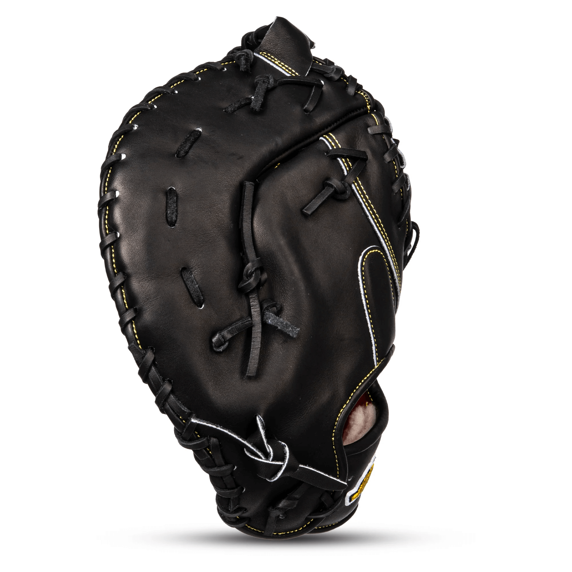 Jax PL-4 First Base Glove finger detail with black leather and gold stitching.