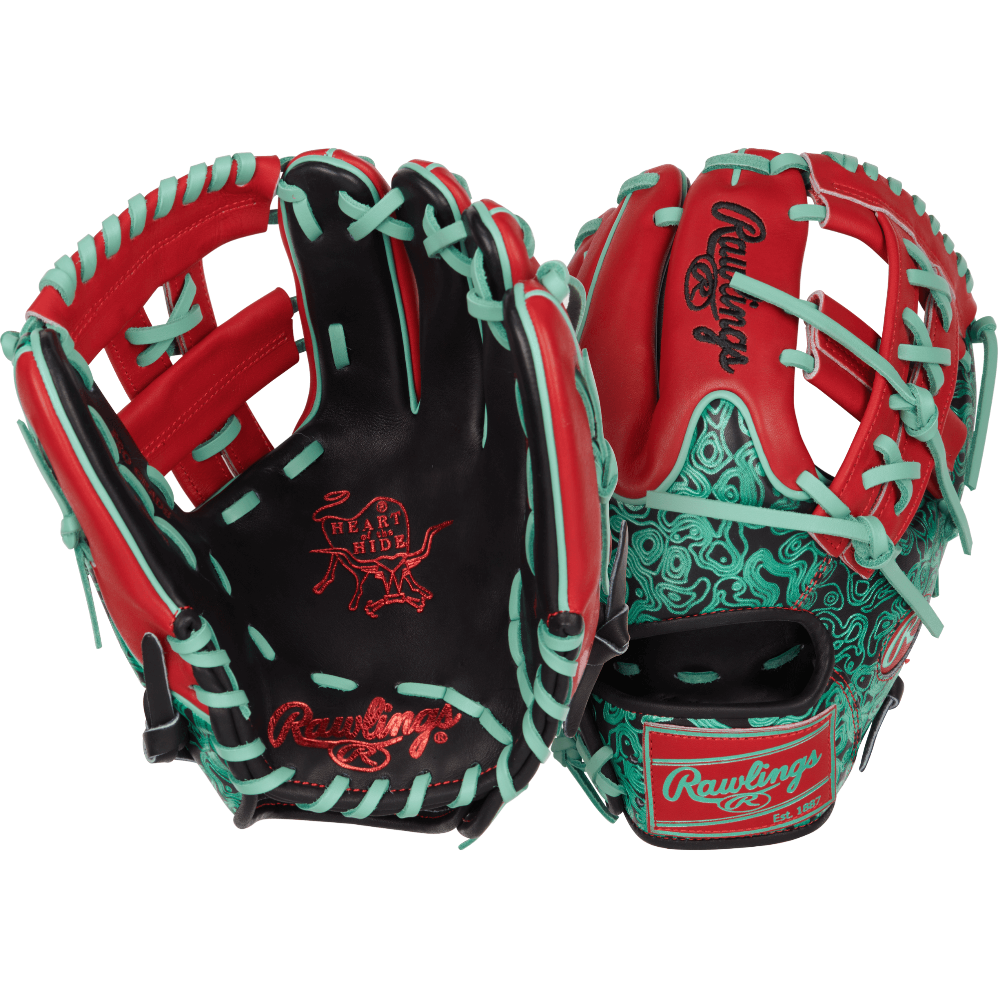 Rawlings Heart of the Hide Colorsync 9.0 Infield Glove 11.5" in mint geoprint with red accents.