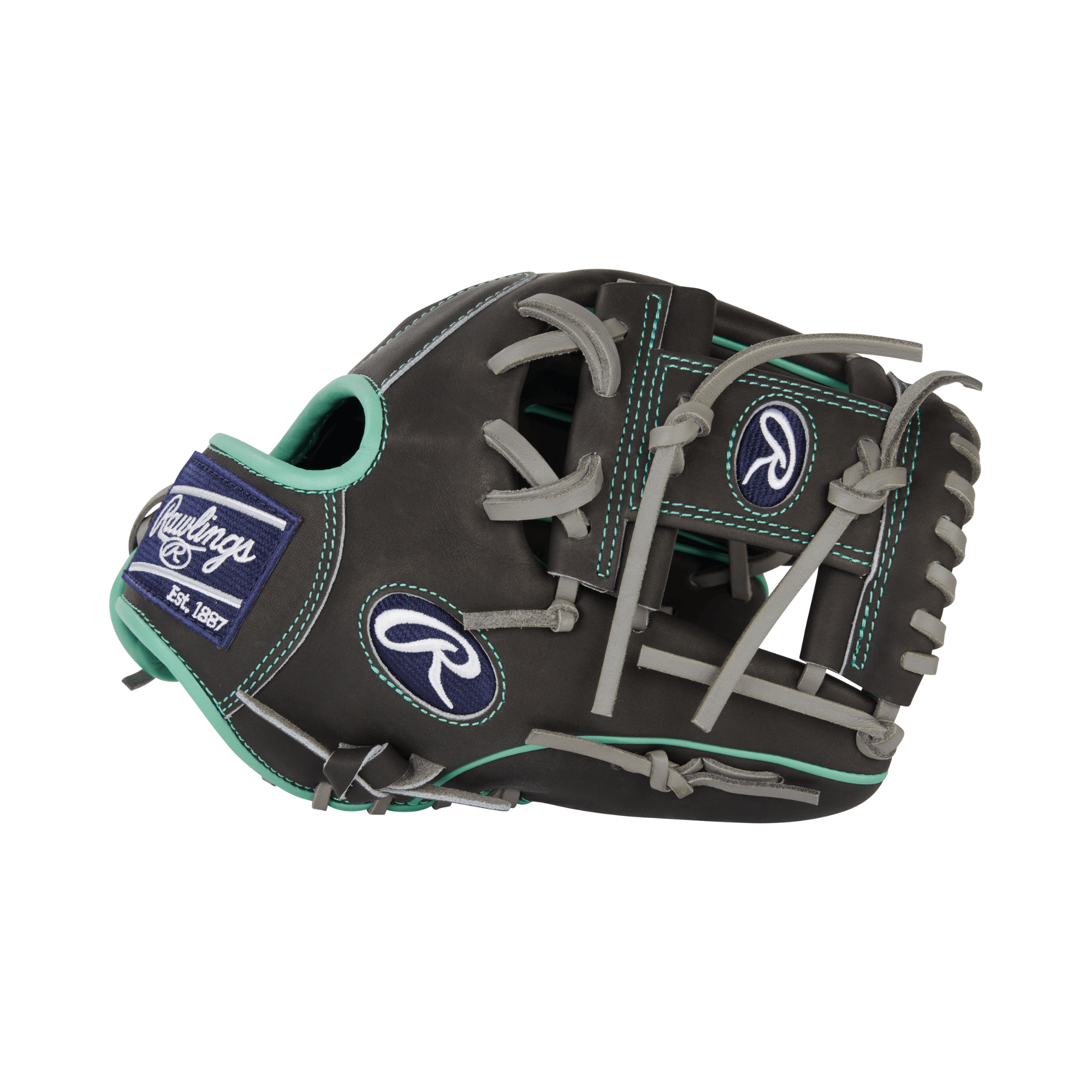 Rawlings Heart of the Hide R2G 11.25" contour fit infielder glove in black and teal, featuring premium steerhide leather.
