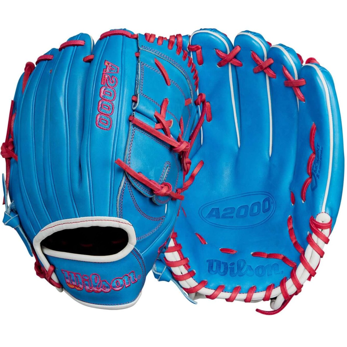 Wilson 2024 Autism Speaks A2000 B2 Pitcher’s Baseball Glove in blue with pink accents and Closed Two-Piece Web design.