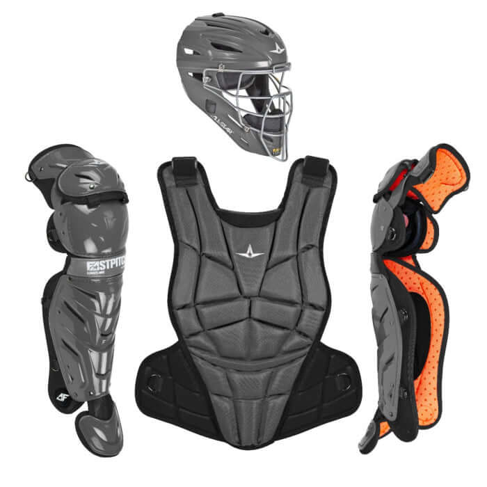 All-Star AFx Fastpitch Catching Kit with helmet, chest protector, and leg guards in gray, front and side views.
