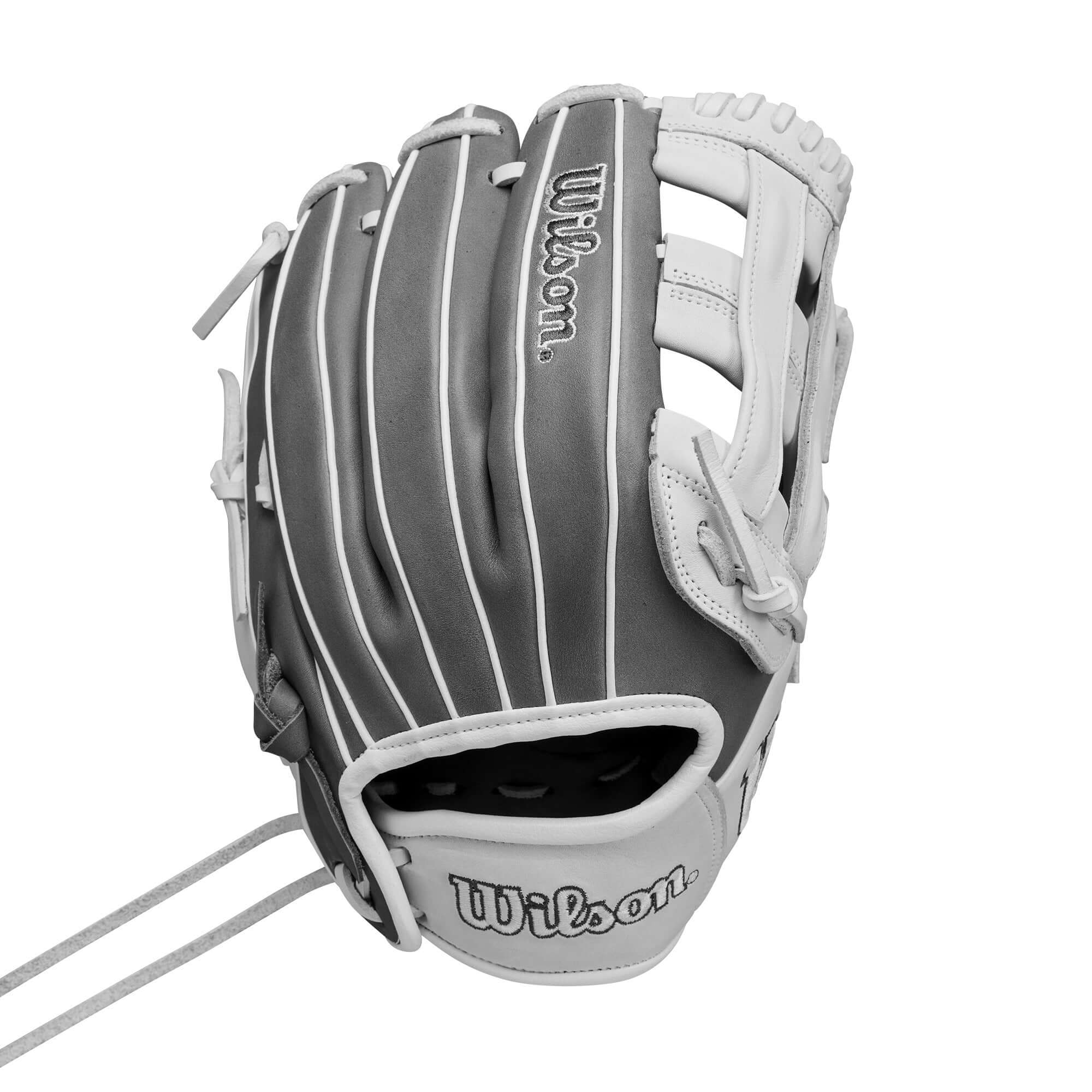 Wilson 2025 A1000FP IF12 12" infield fastpitch softball glove in white and grey.