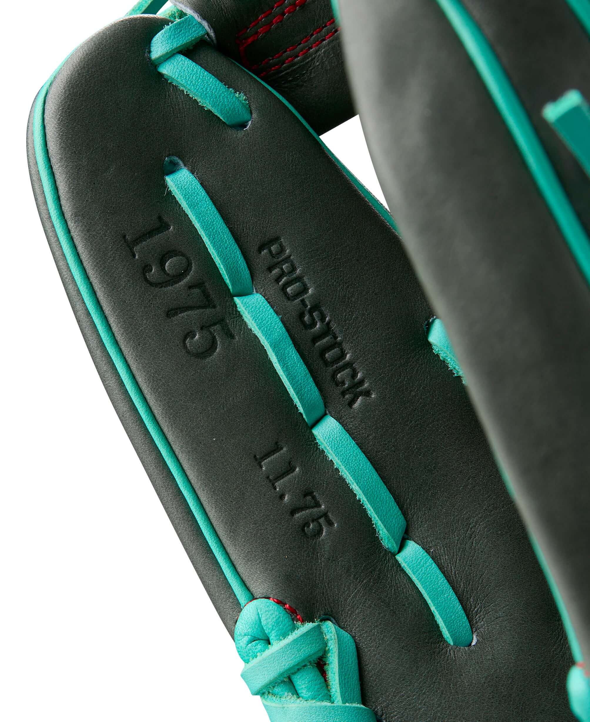 Close-up of Wilson A2000 1975 infield glove showing Pro Stock leather and stitching details.