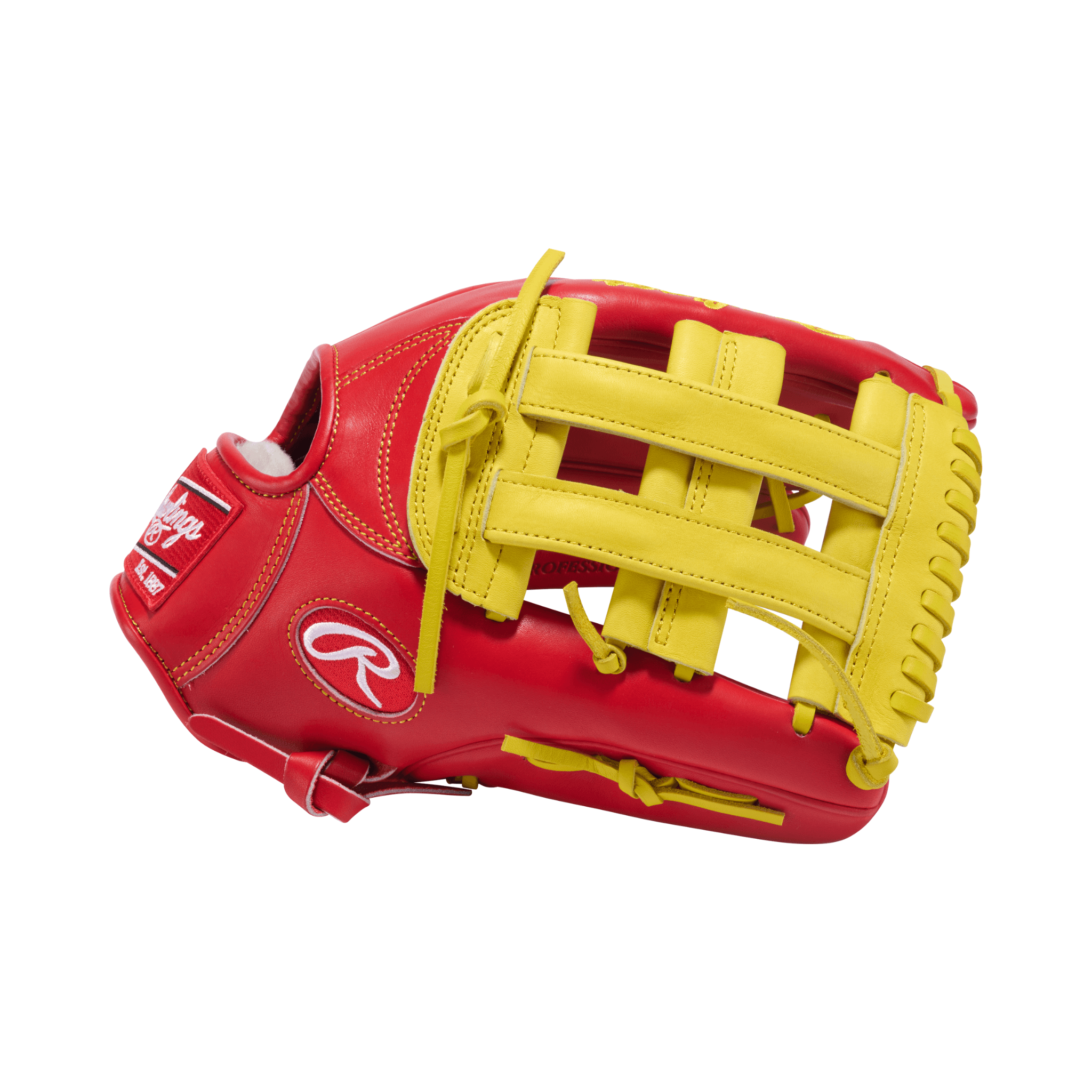 Rawlings Pro Preferred 12.75" outfield baseball glove in scarlet and yellow with premium leather craftsmanship.
