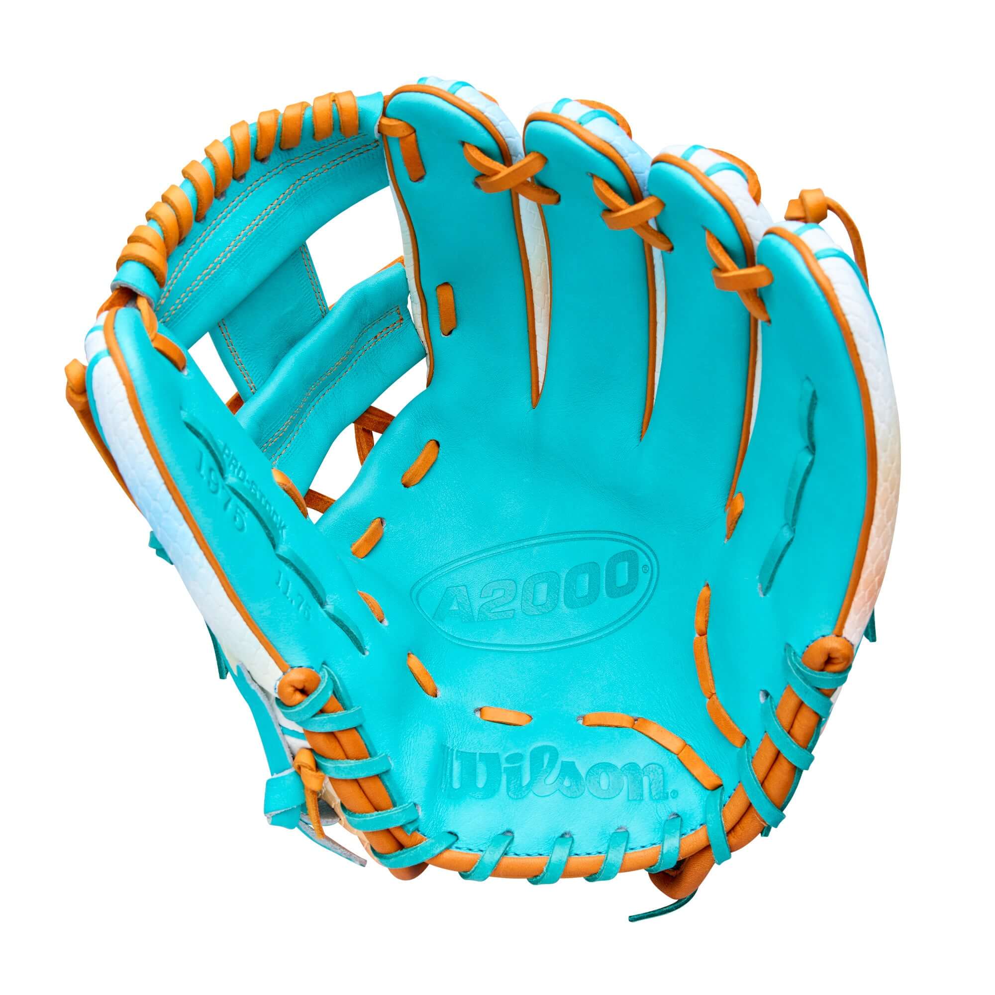 Wilson A2000 1975S 11.75" Northern Lights infield baseball glove, turquoise with orange accents.