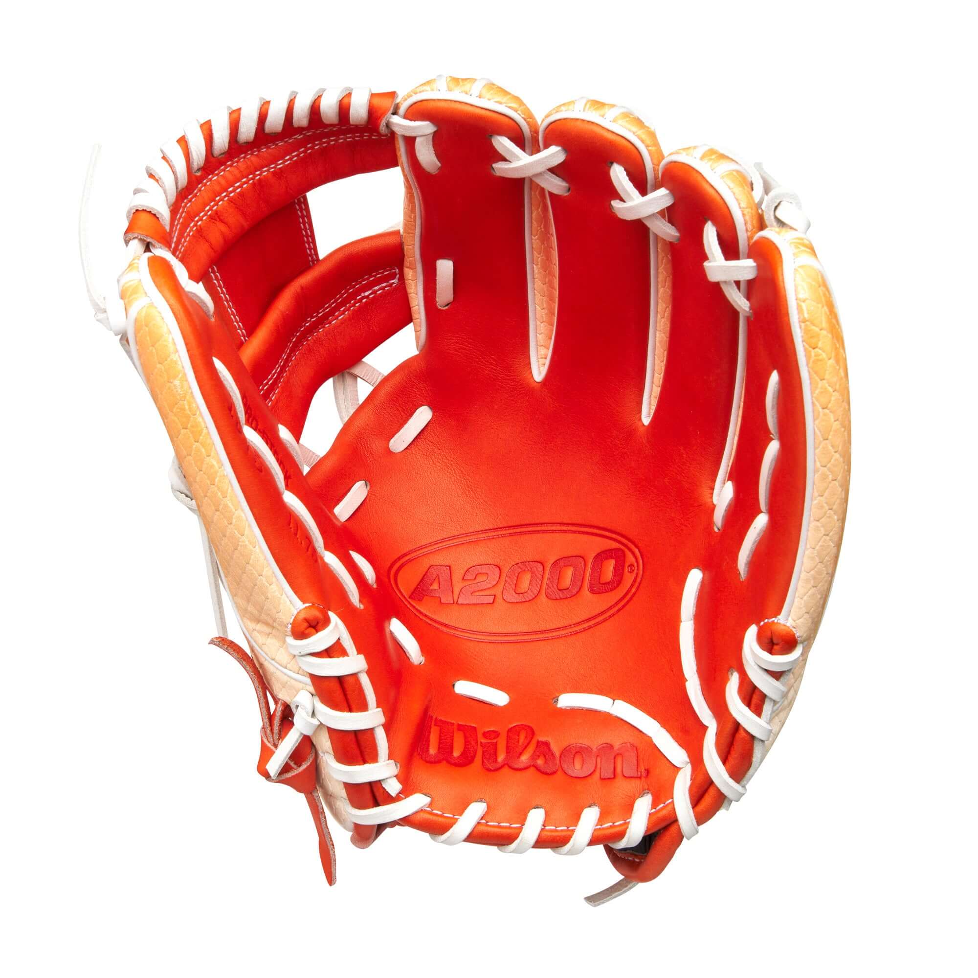 Wilson A2000 1975SS 11.75" infield baseball glove in citrus color scheme, perfect for snagging line drives.