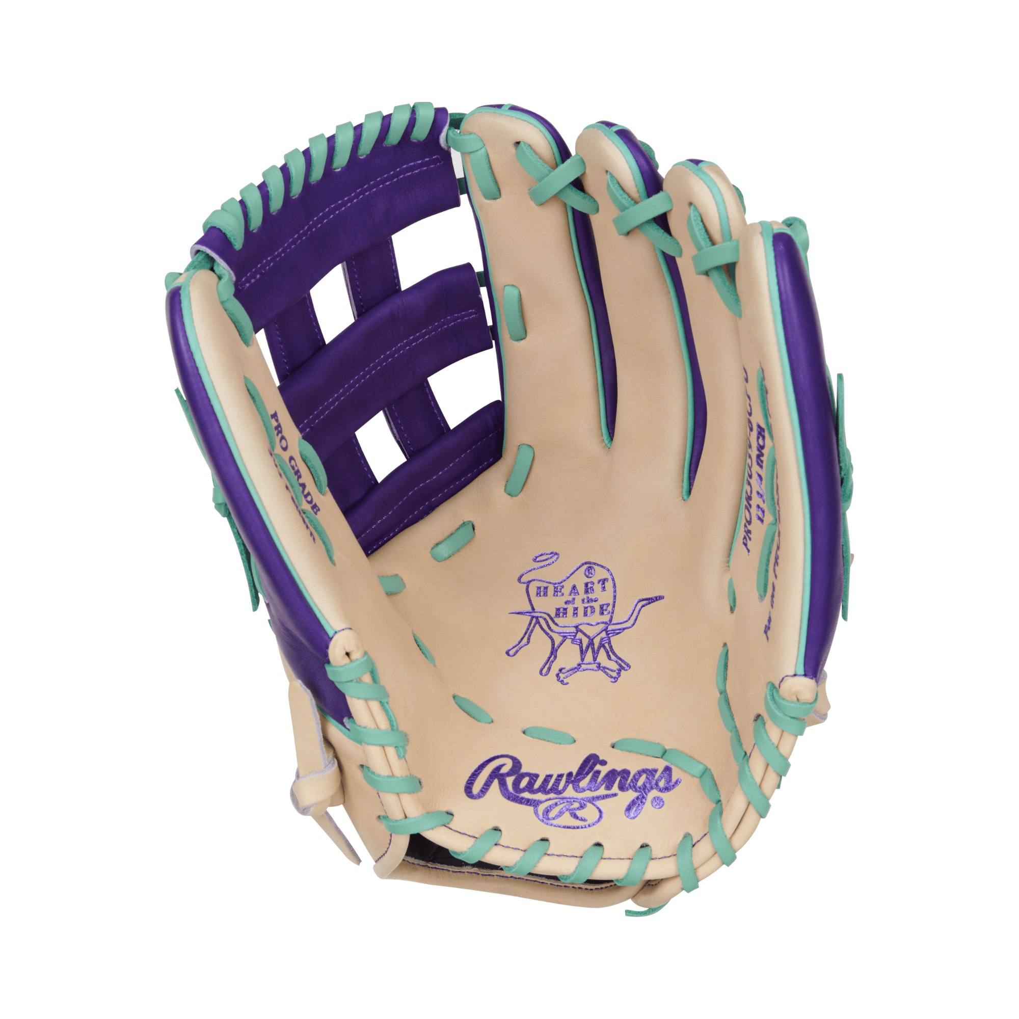 Palm view of the Rawlings 12.75" glove showcasing foil stamp mint laces and Heart of the Hide leather