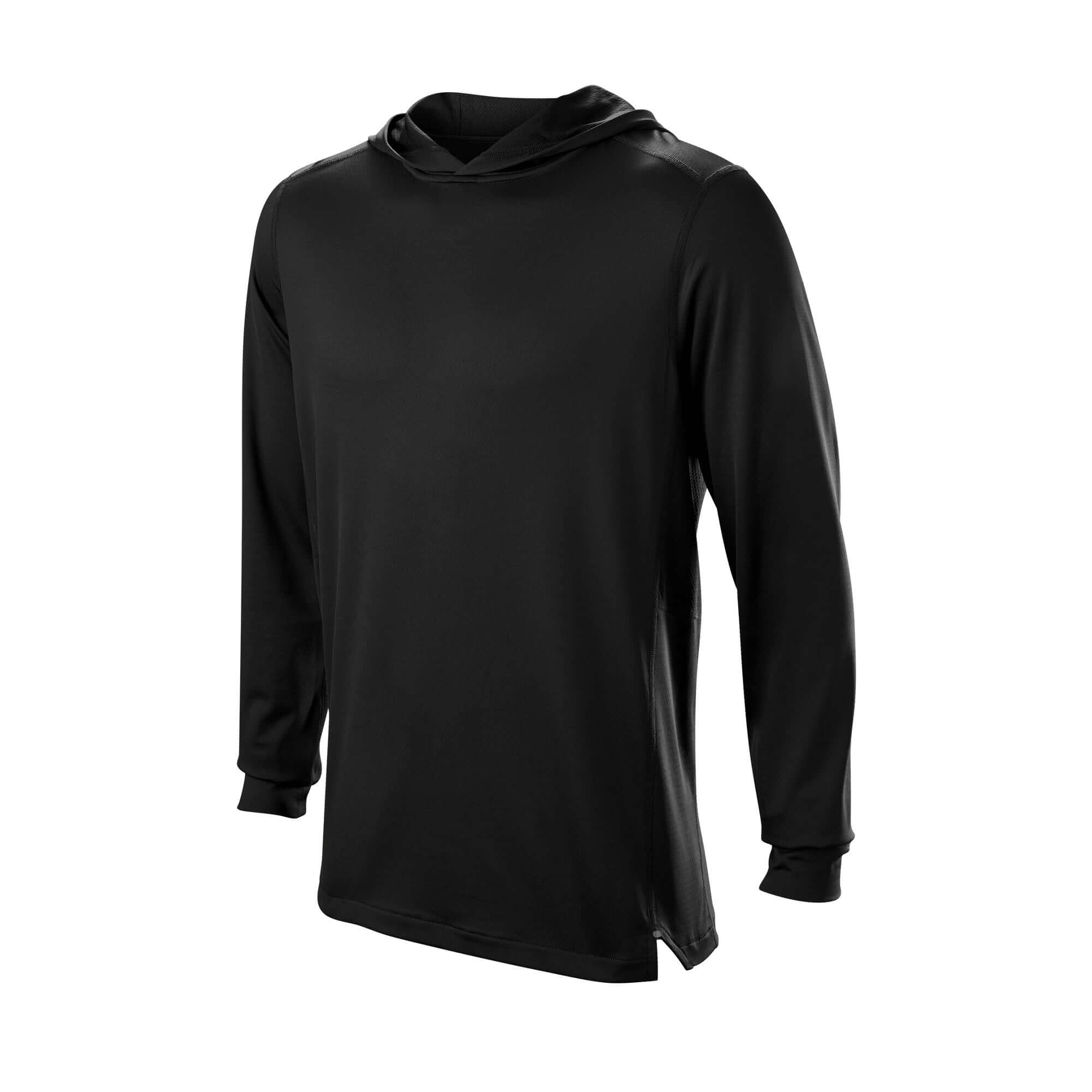 Front view of Evoshield Adult Lightweight Training Hoodie 2.0 in black, designed for athletes with moisture-wicking fabric.