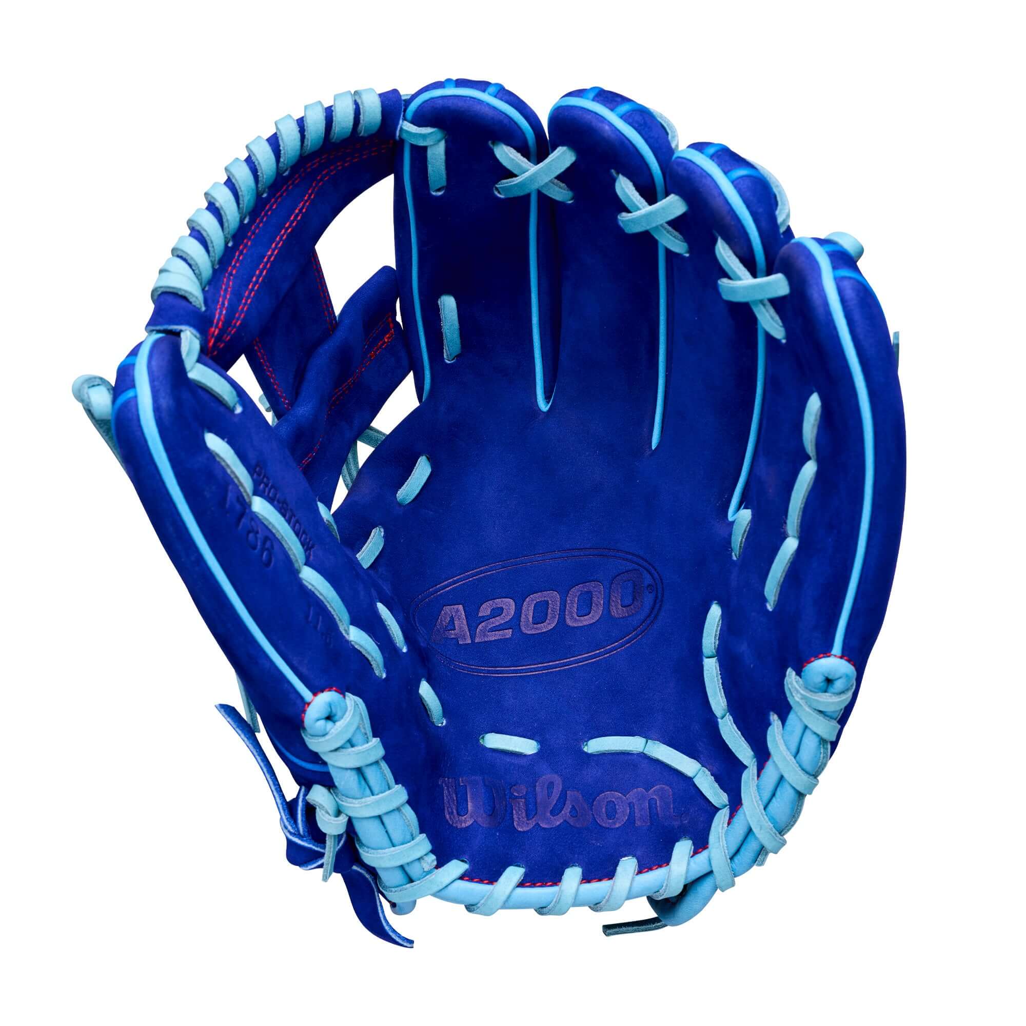 Wilson Big Rally Blue Raspberry A2000 1786 11.5 Infield Baseball Glove, open view showing vibrant blue design