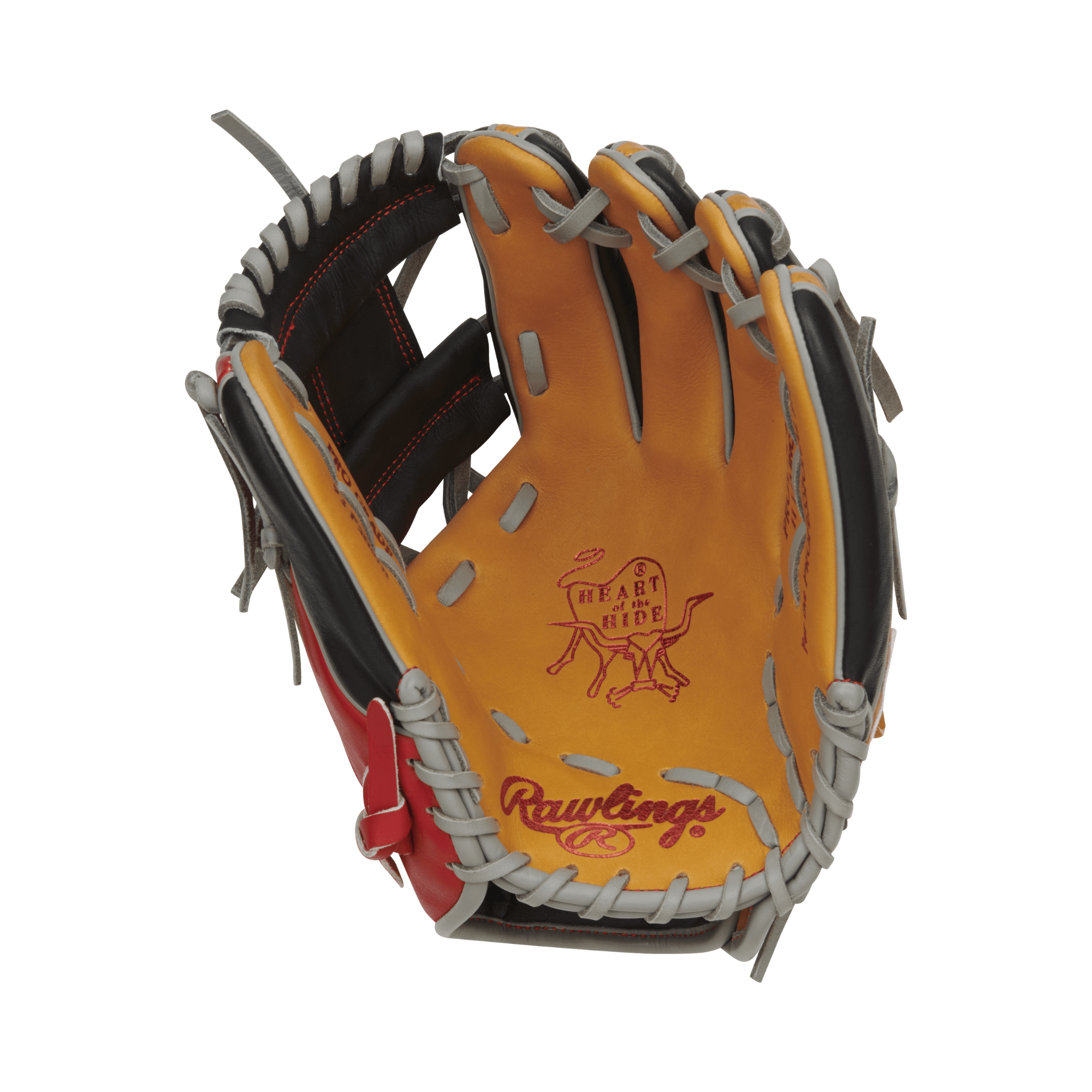 Rawlings Heart Of The Hide Color Sync 8.0 Limited Edition baseball glove in tan, black, and red, 11.5” size, RHT.