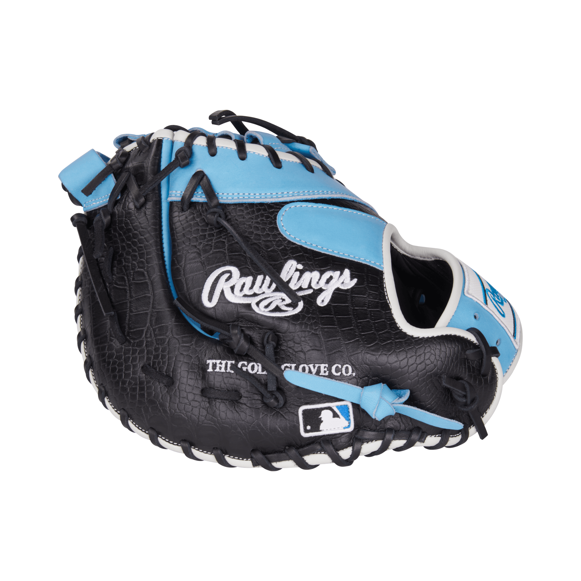 Rawlings Heart of the Hide 13" first base mitt in Columbia Blue and Black, showcasing durable leather and professional design.