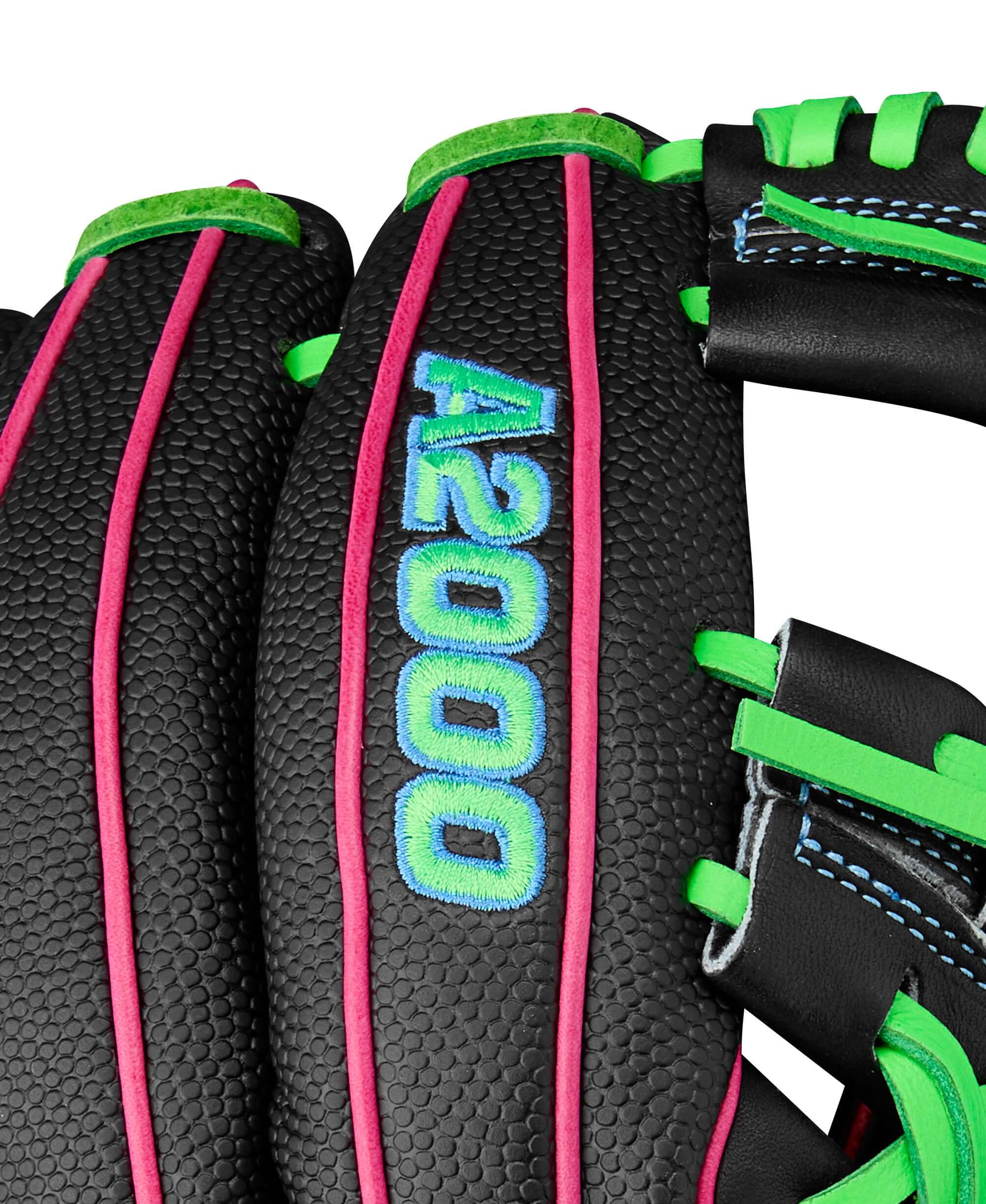 Wilson A2000 1786 infield baseball glove featuring black, neon green, and flamingo colors with detailed stitching.