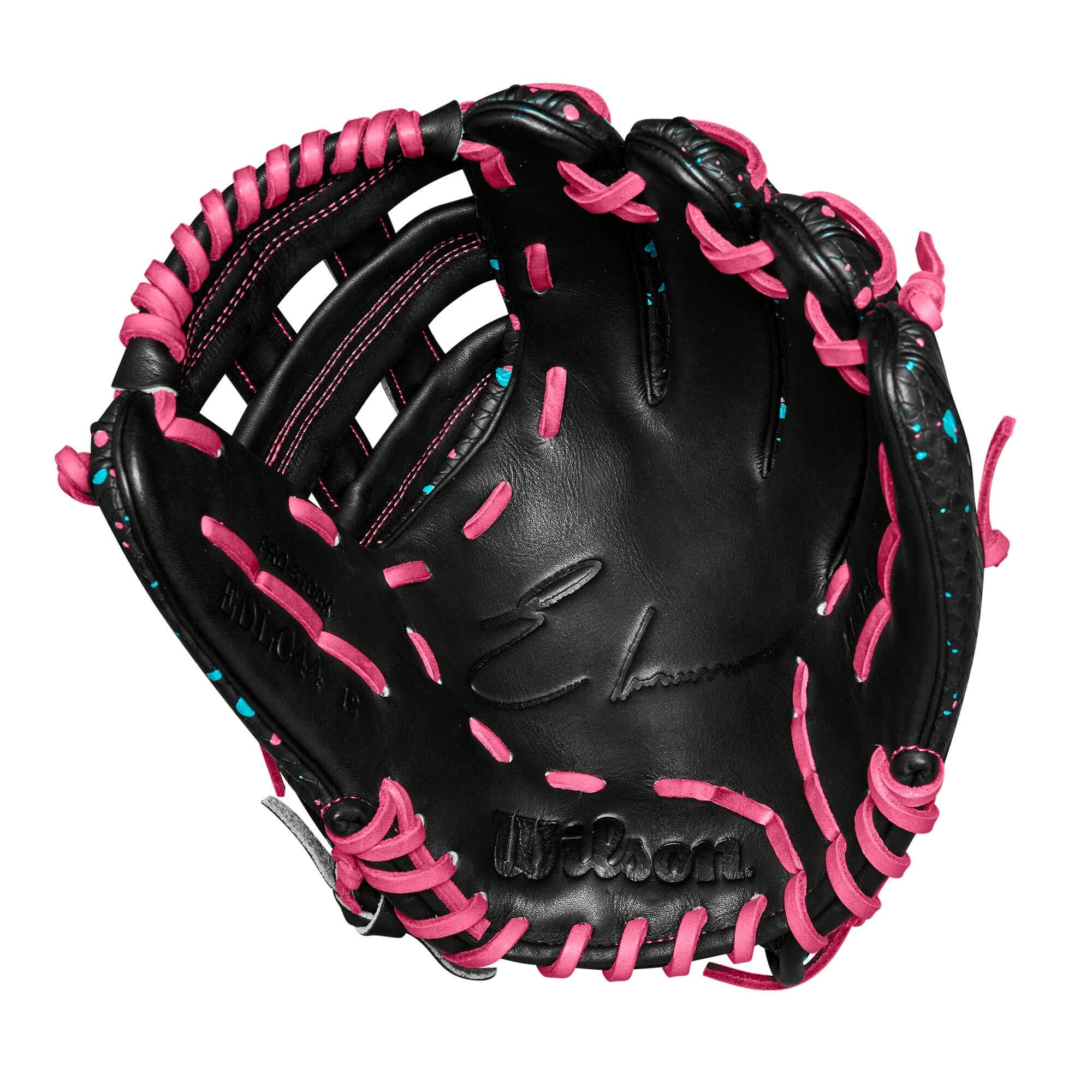 Wilson A2000 Elly De La Cruz 12" infield baseball glove with black leather and pink accents, ideal for shortstop and third base.