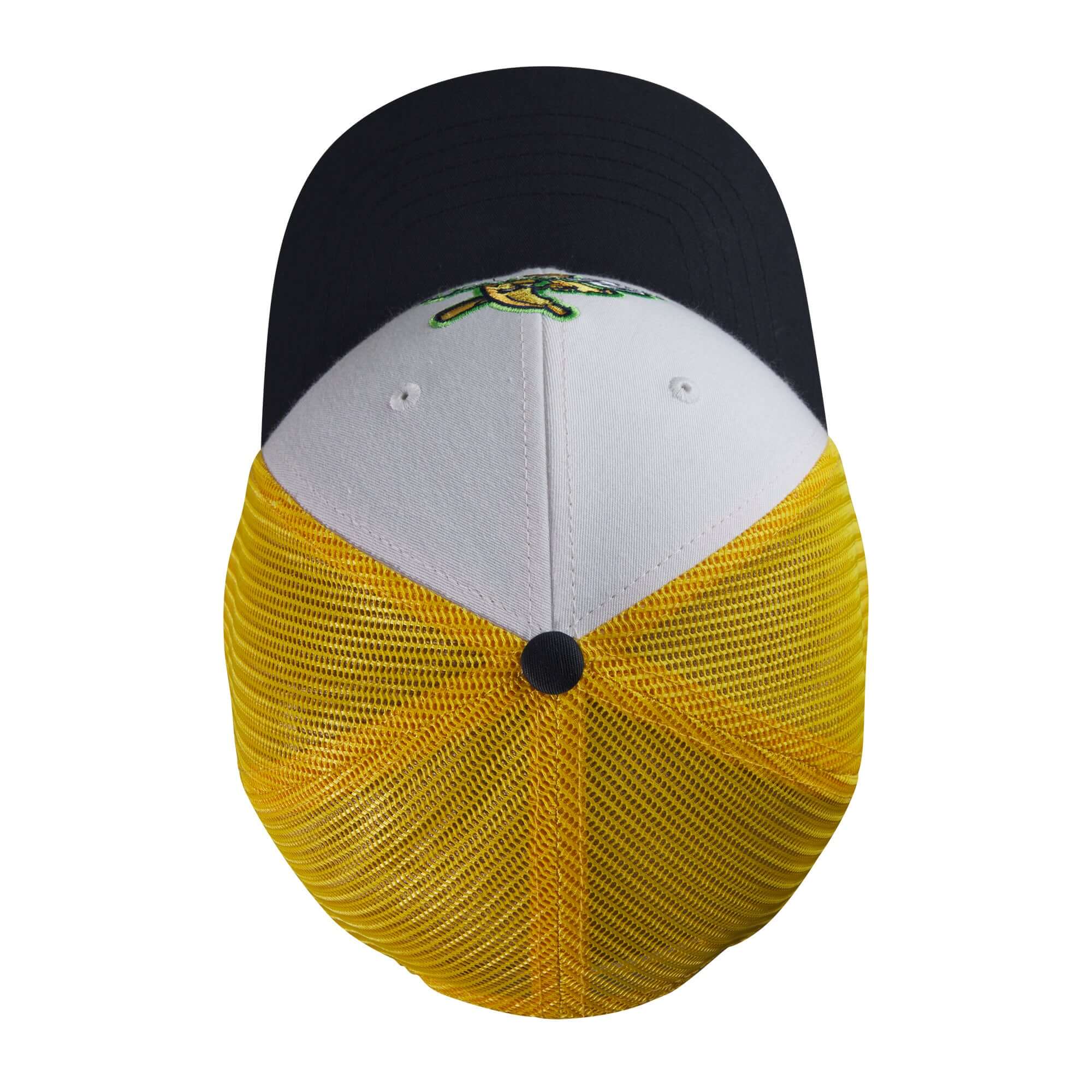Evoshield Bananas 112 Trucker Snapback in tricolor design featuring black, white, and yellow mesh for sports enthusiasts.