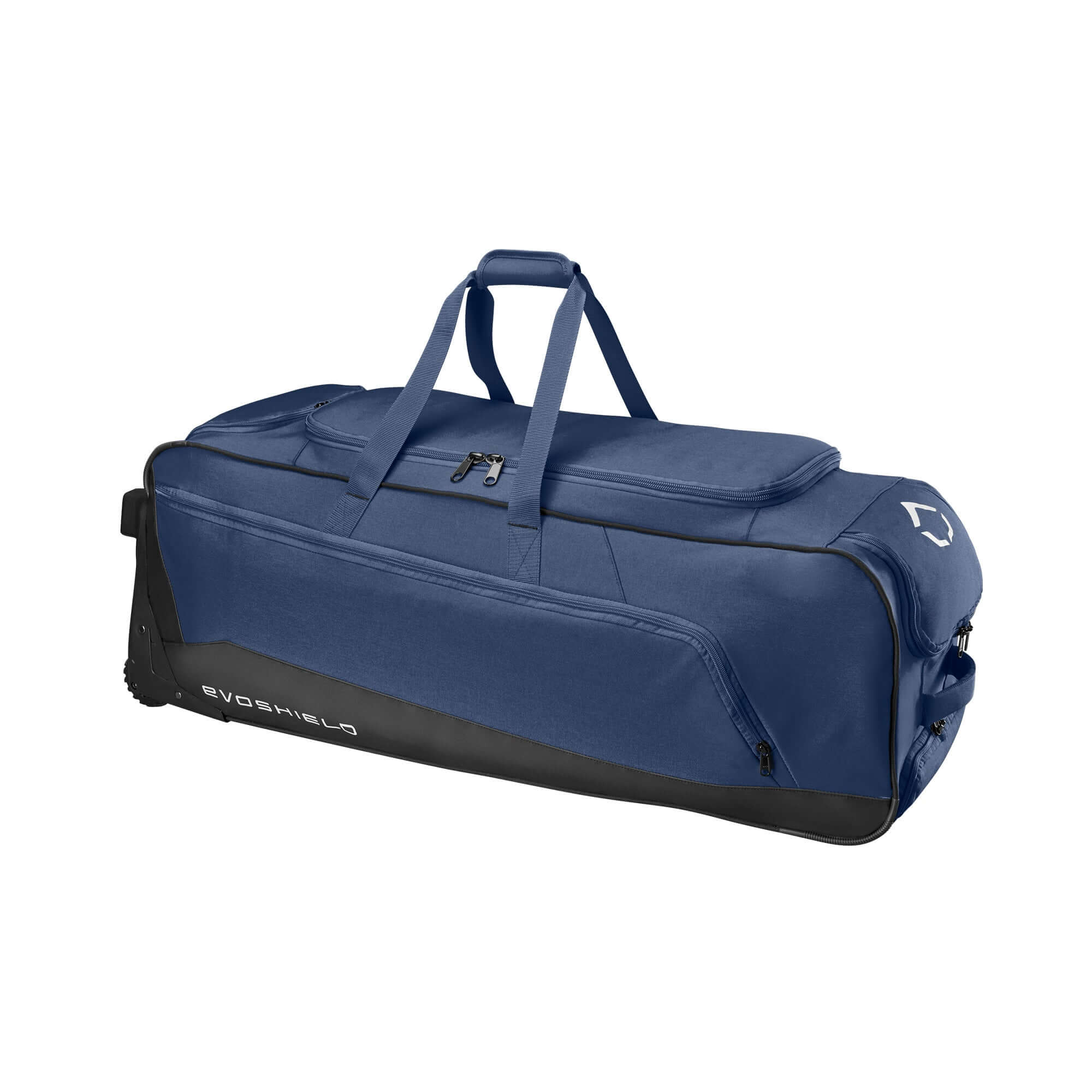 Evoshield Stonewall 2.0 Wheeled Bag side perspective showing handle and exterior pockets in blue.